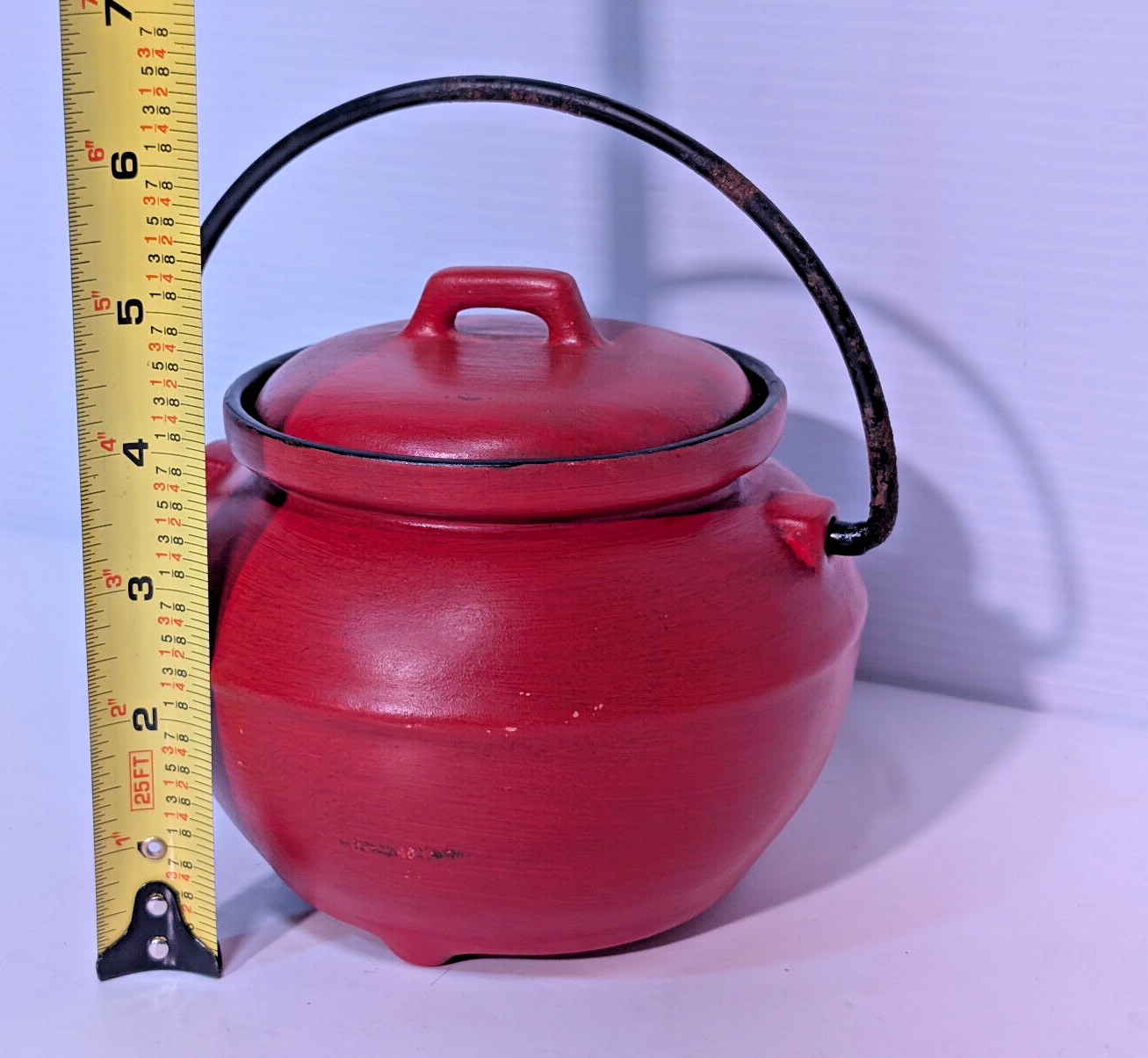Vintage Mid Century Calif USA 702 Red Bean Pot Jar Black Metal Handle Kettle