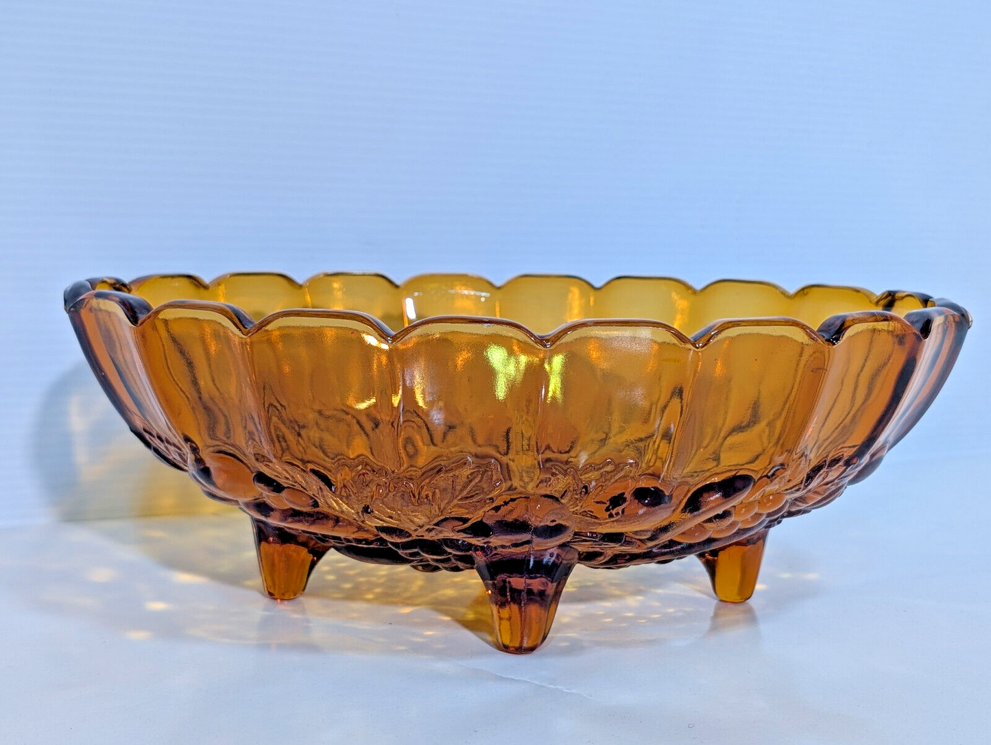 Vintage Antique Amber Gold Indiana Glass Scalloped Footed Fruit Bowl 12"