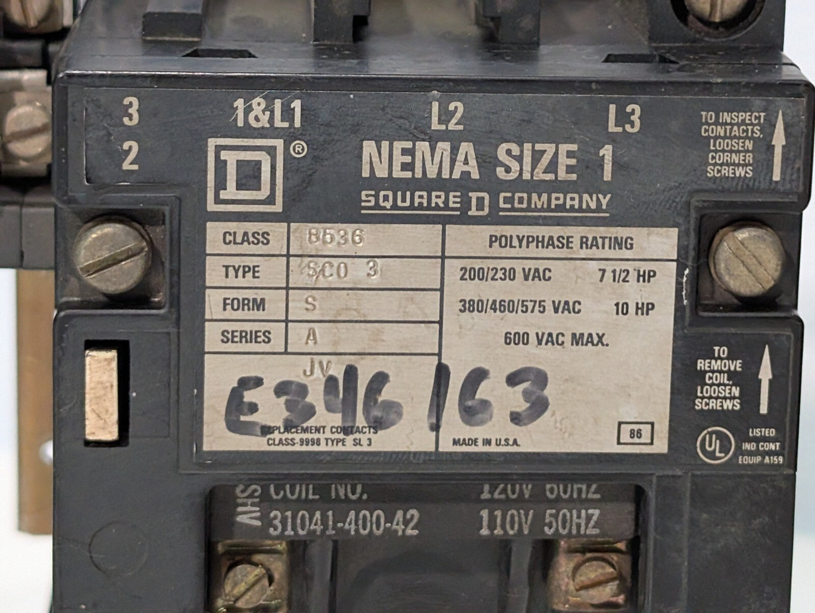 Square D 8536 SCT0-3 Motor Starter, NEMA Size 1, Series A, Form S, 110\120V Coil