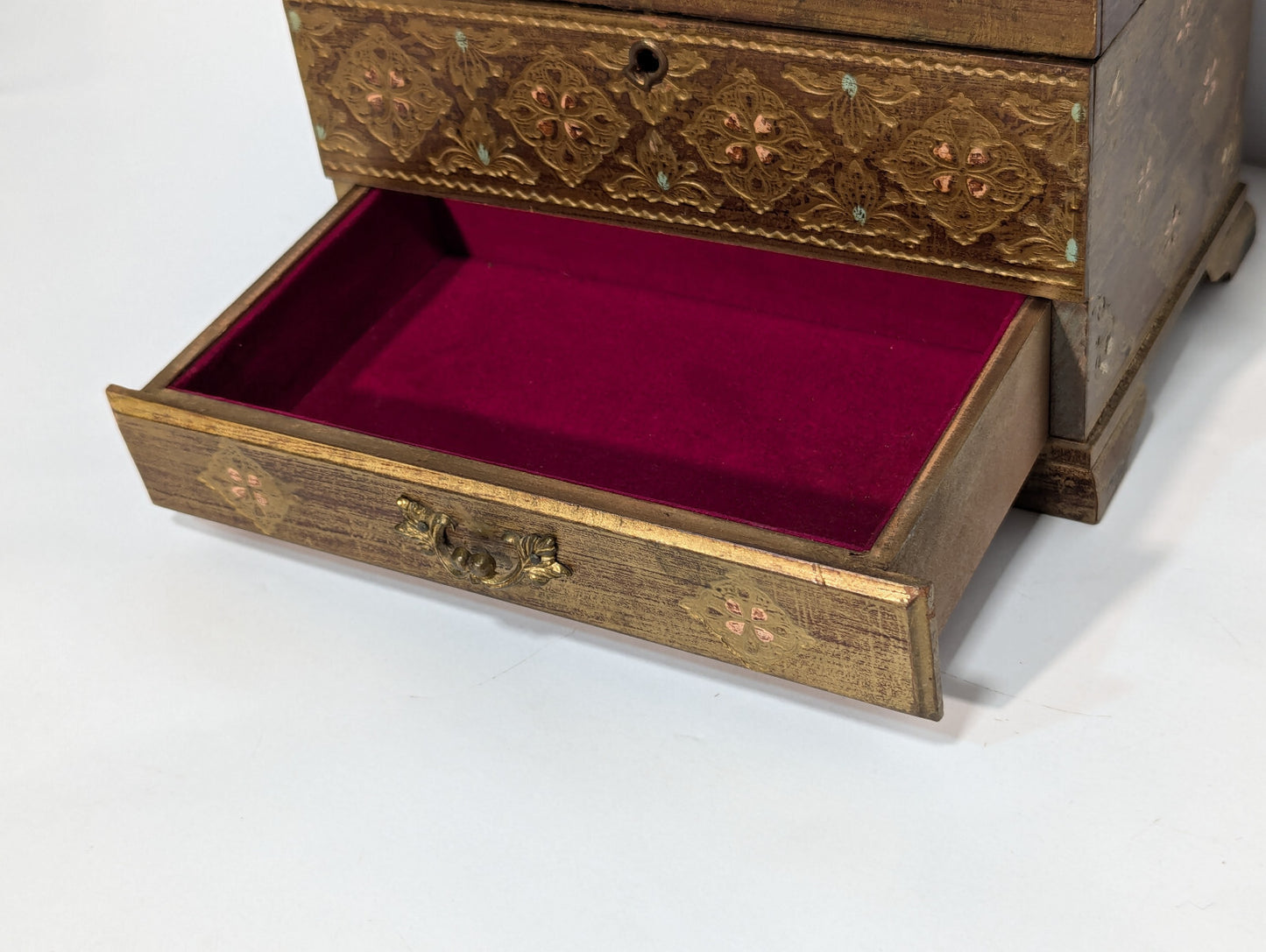 Vintage 1960s Gold Florentine Royal Sealy Wooden Drawer Chest Mirror Jewelry Box