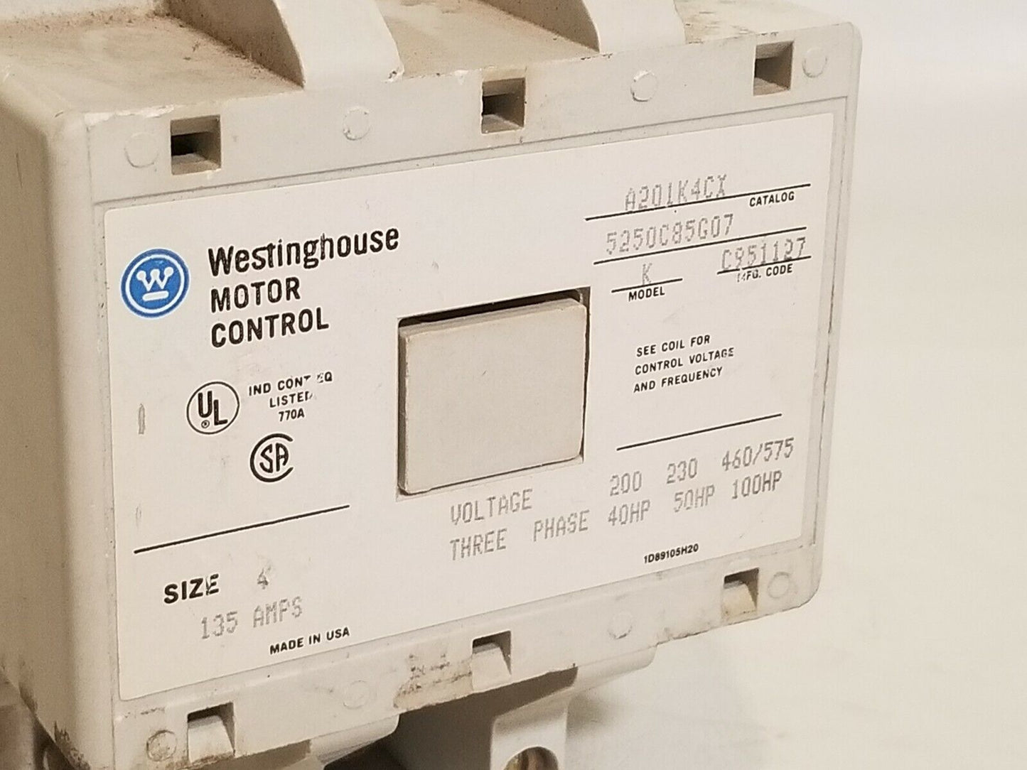 Westinghouse Motor Control A201K4CX 5250C85G07 Size 4 135A with 440/480VAC coil