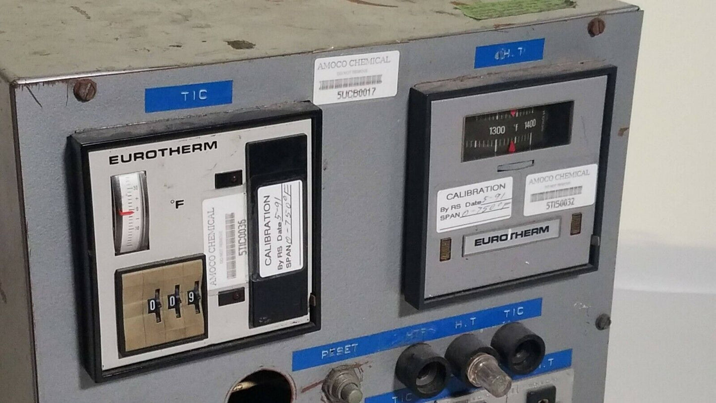 Eurotherm Thyristor, two attached Fahrenheit thermometer gauges, in electric box