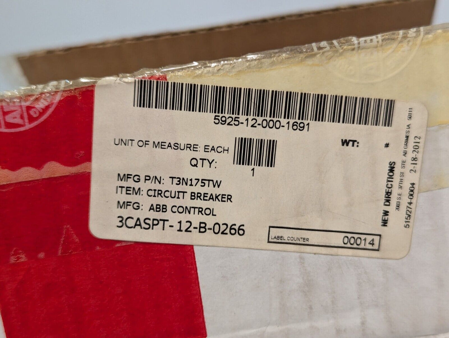 ABB T3N175TW Circuit Breaker, 175A 600VAC 3-Pole w/Accessories-Free Ship+Return