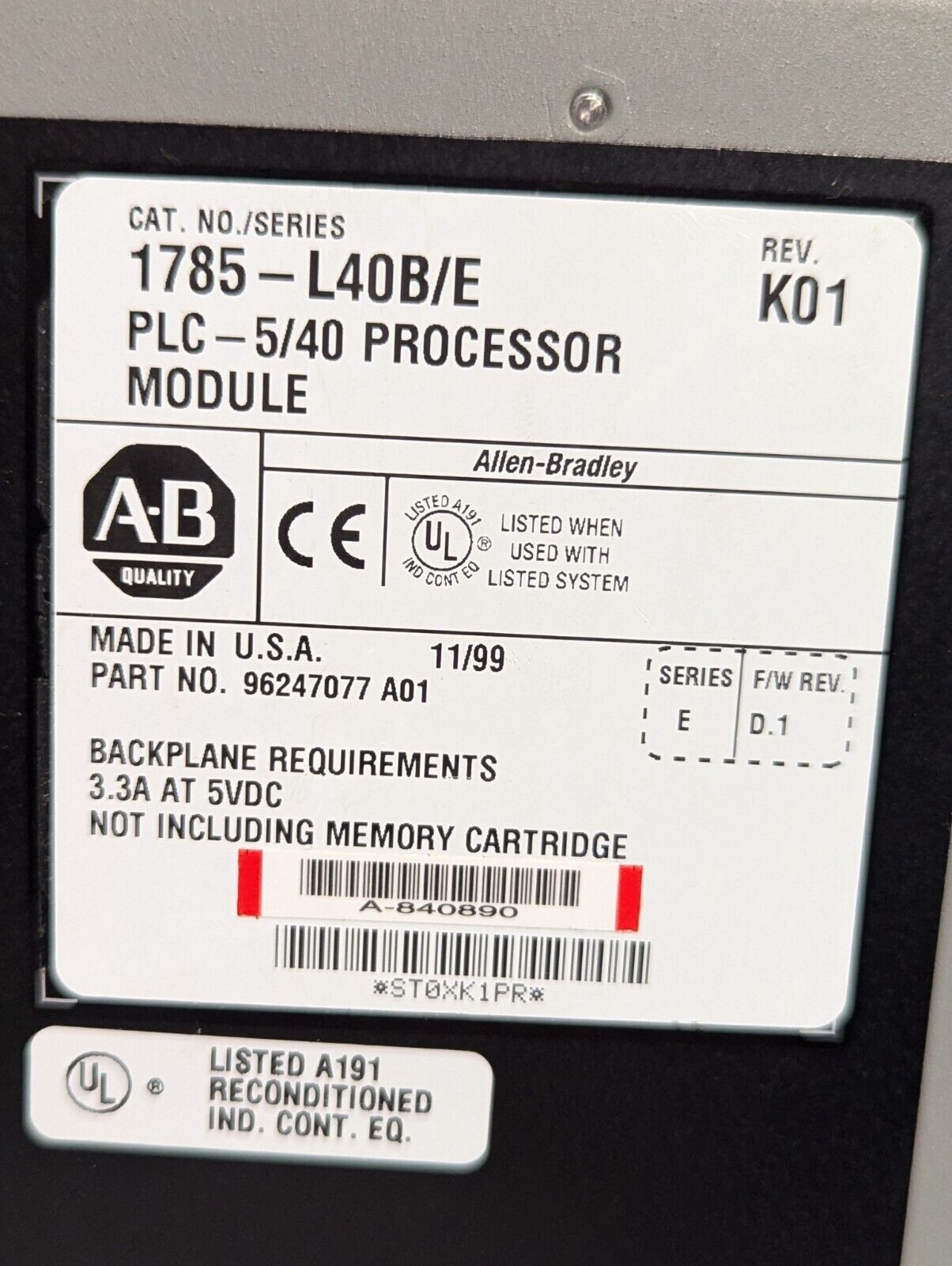 Allen Bradley 1785-L40B/E PLC-5/40 Ser E Processor Module 1785L40B - Free Ship