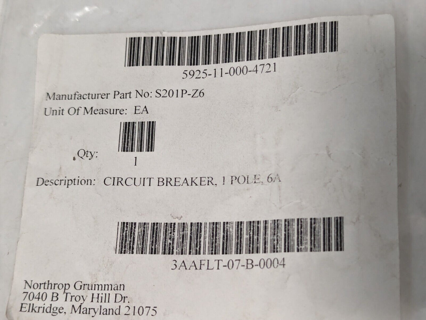 ABB S201P-Z6 Circuit Breaker, 6A, 1-Pole, AC/DC, 5925-11-000-4721 -Free Shipping