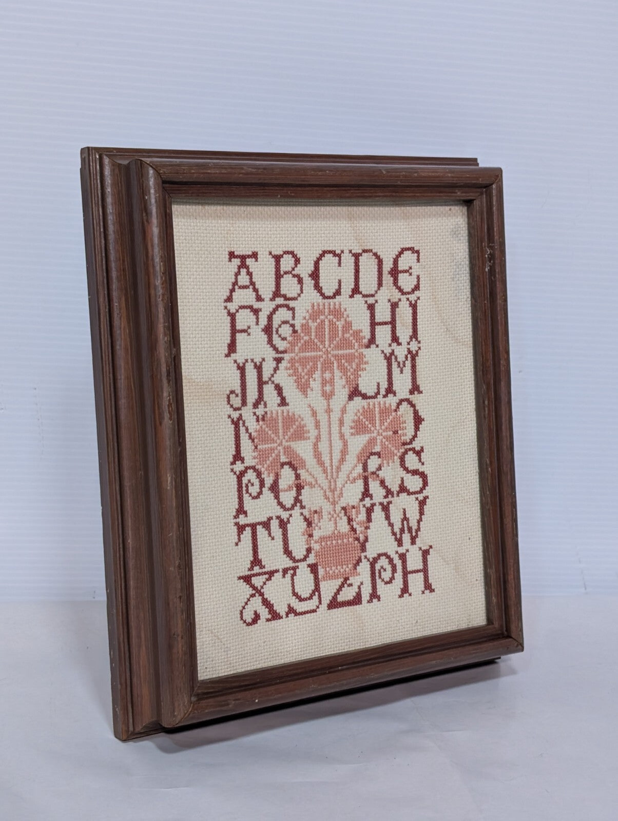 Vintage Framed Needlepoint Cross-Stitched Alphabet Quaker Sampler