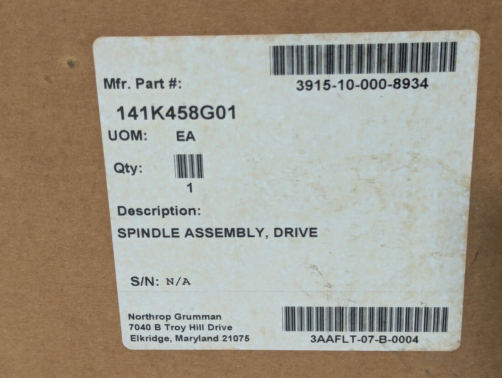 Spindle Assembly Drive Northrup Grumman 141K458G01 - Free Shipping