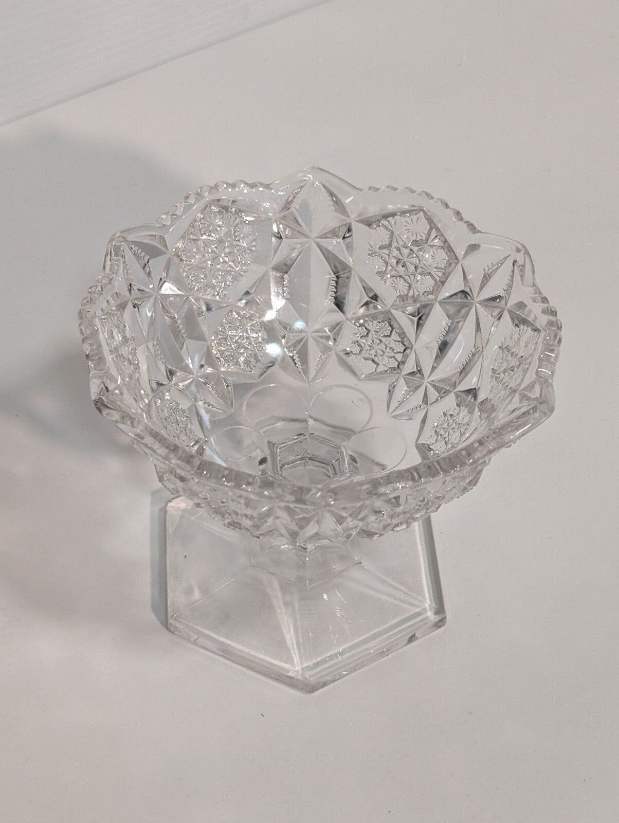Vintage Clear Glass Crystal Candy Dish Snowflake Pattern Hexagon Pedestal Base