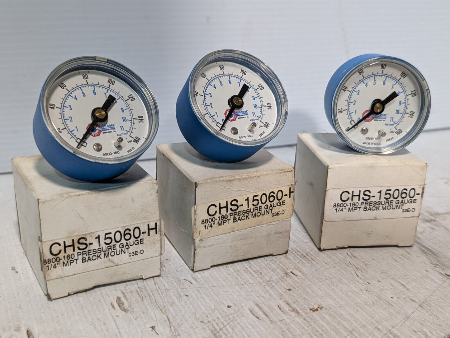 Lot of 3 Coilhose 8800-160 2" Pneumatics Pressure Gauge Back Mount, 160 Psi USA