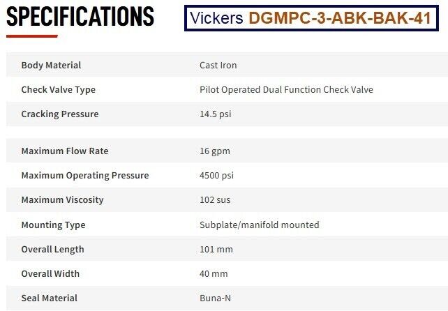Vickers DGMPC-3-ABK-BAK-41 Pilot Operated Dual Function Check Valve - Free Ship