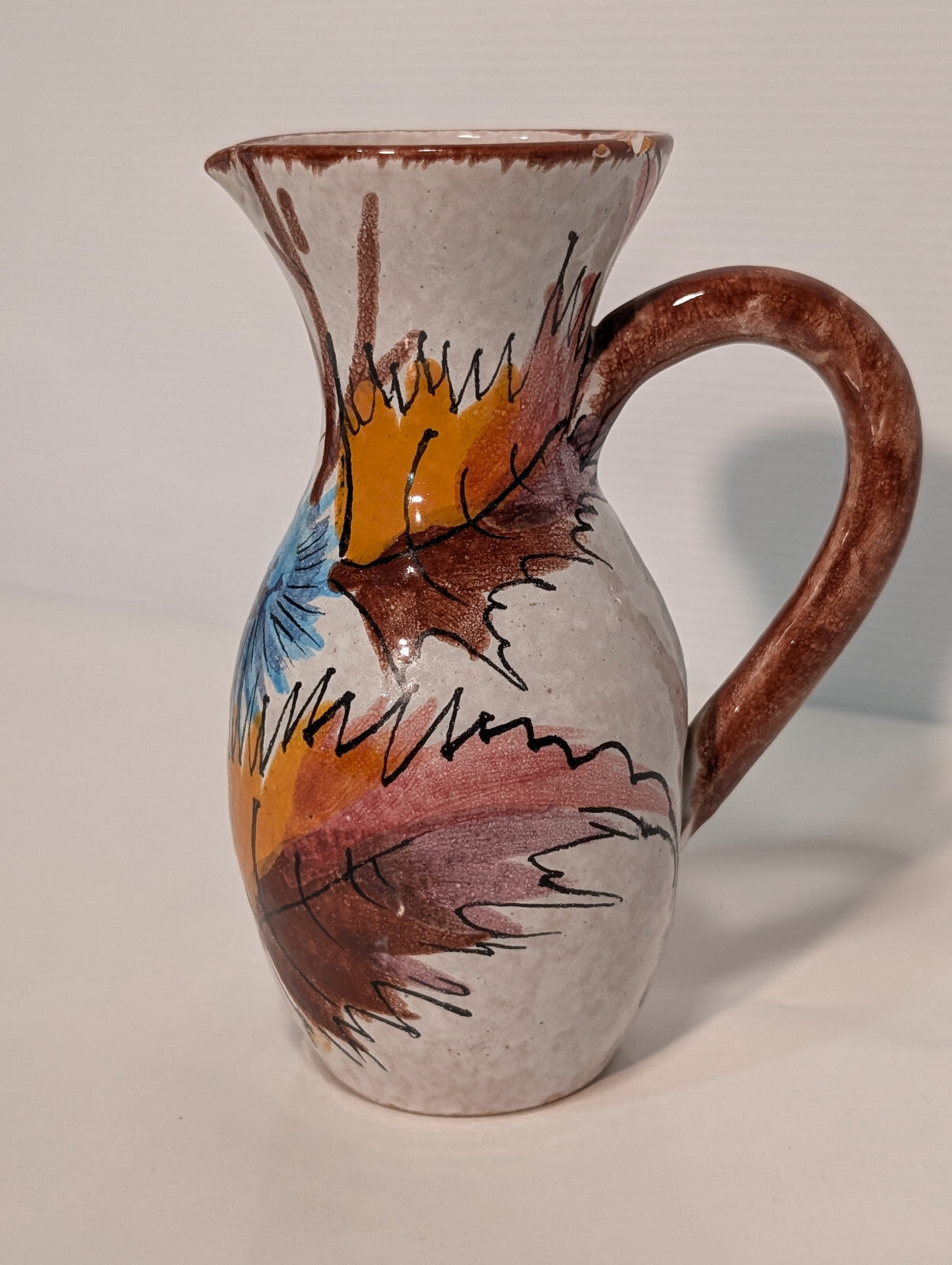 Vintage Mid Century 50s Florentine Original Handpainted Leaves Art Pitcher Vase