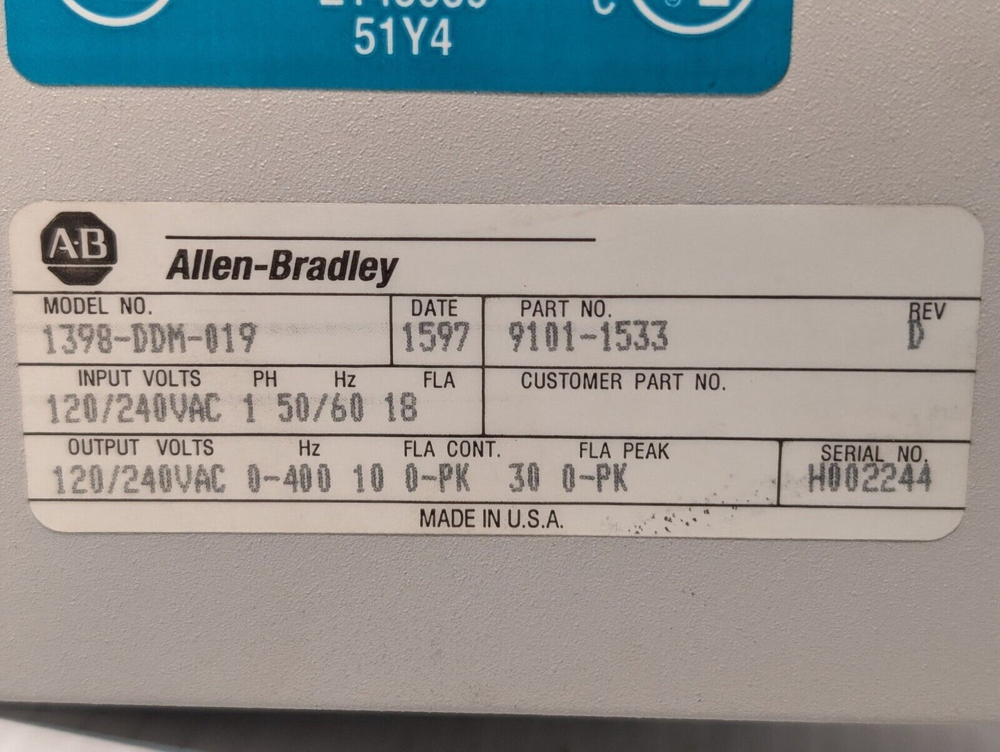 *Allen Bradley 1398-DDM-019 Servo Drive 100-240VAC 18 Amps RMS*