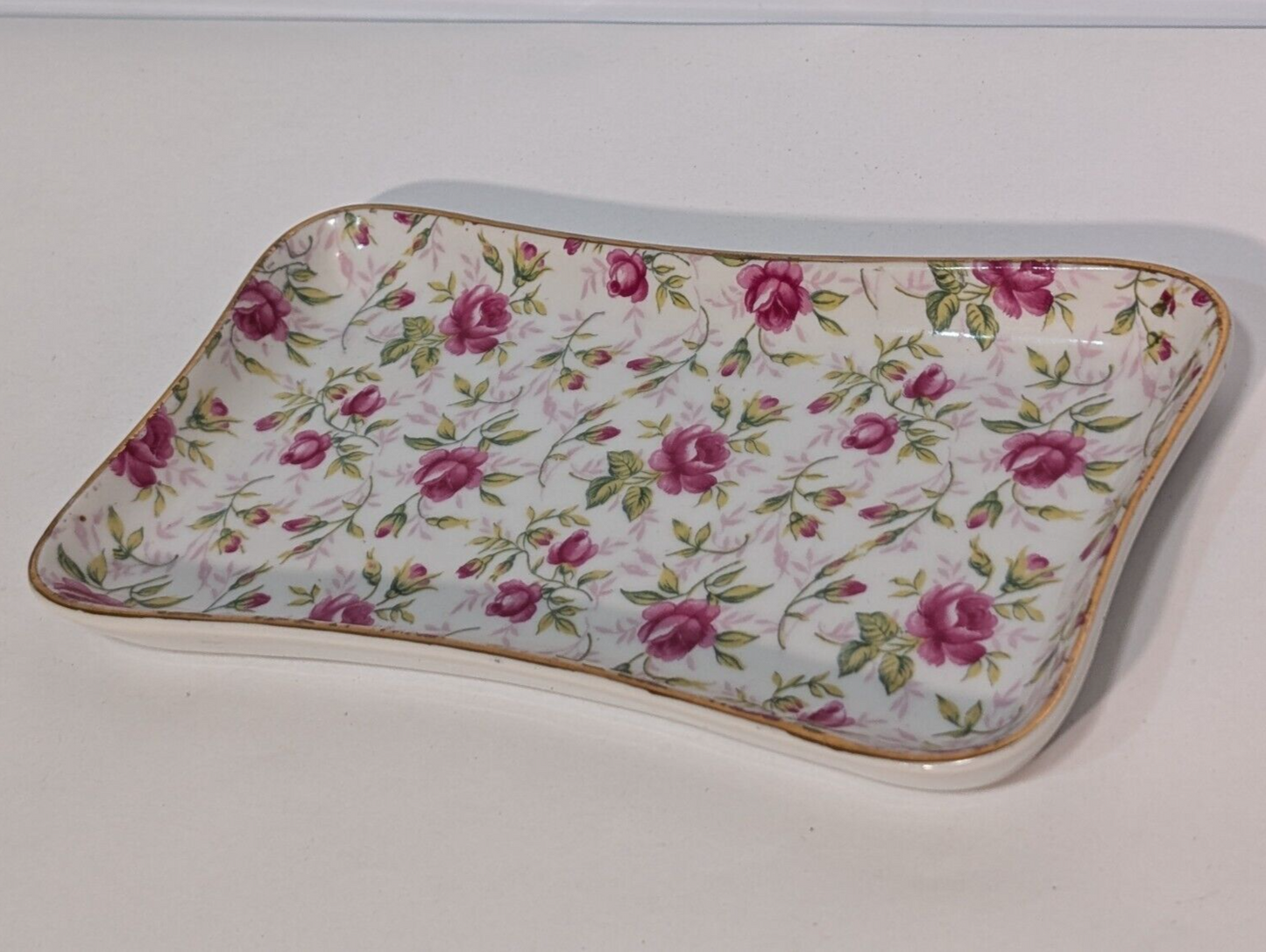 Vintage Lefton Rose Chintz China Sugar and Creamer Tray NE2044R 7" x 4"