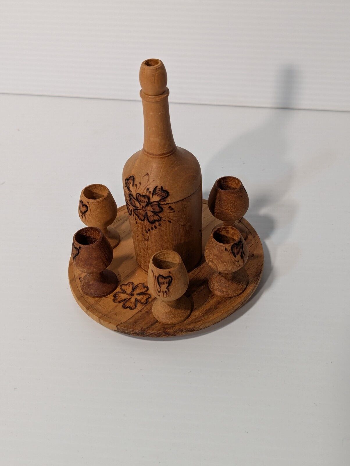 Vintage Burnt Wooden Pyrography Folk Art Decanter w\ Small Platter and 6 Goblets