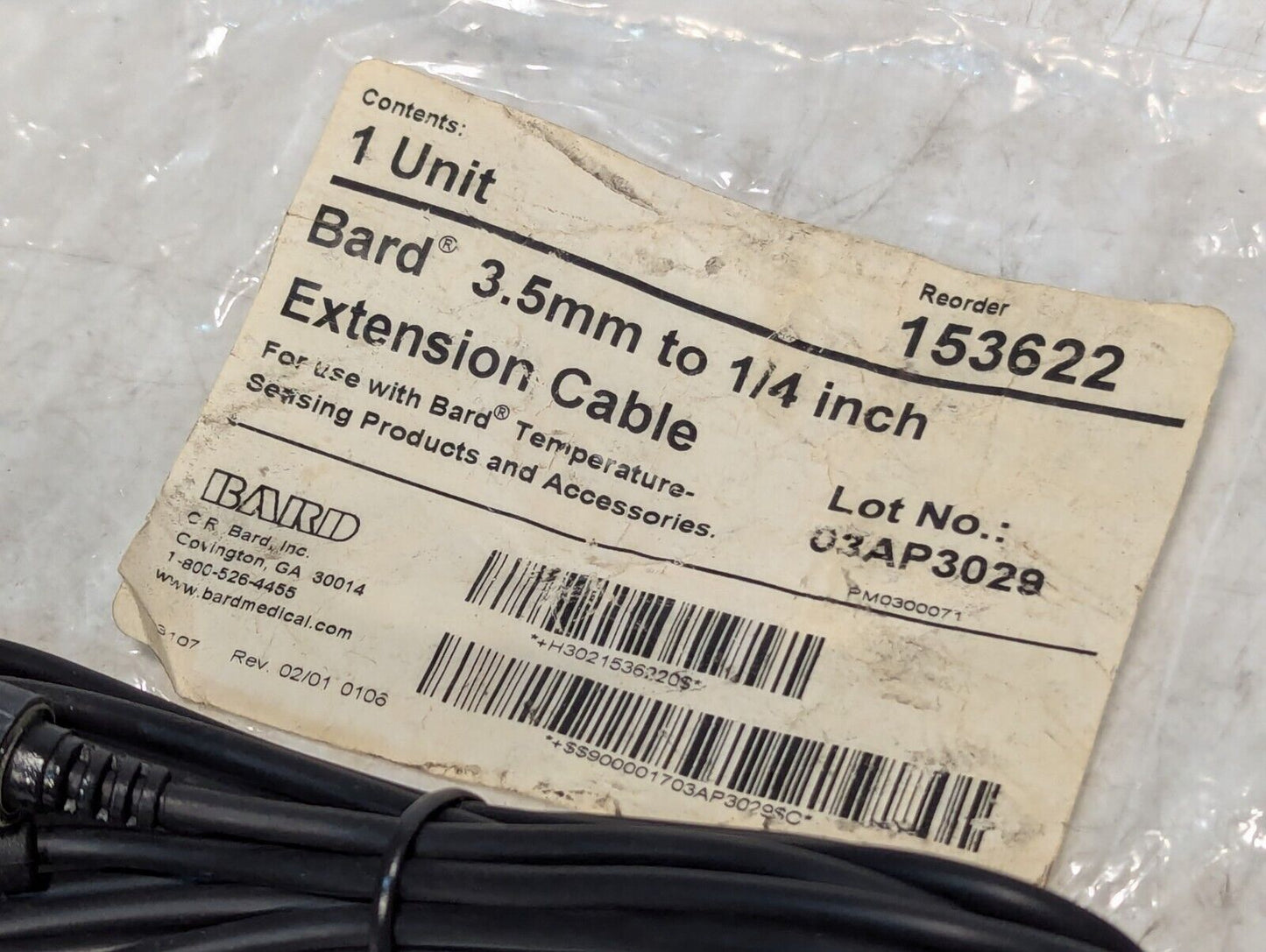 Bard 153622 3.5mm to 1/4 inch Dual Connector Medical Extension Cable - Free Ship