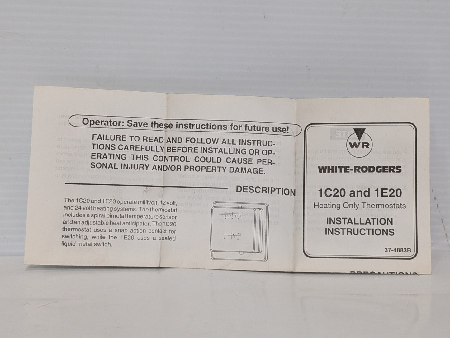 White Rodgers 1C20-1, Heating Thermostat, Low Voltage Snap Action, Model 7202