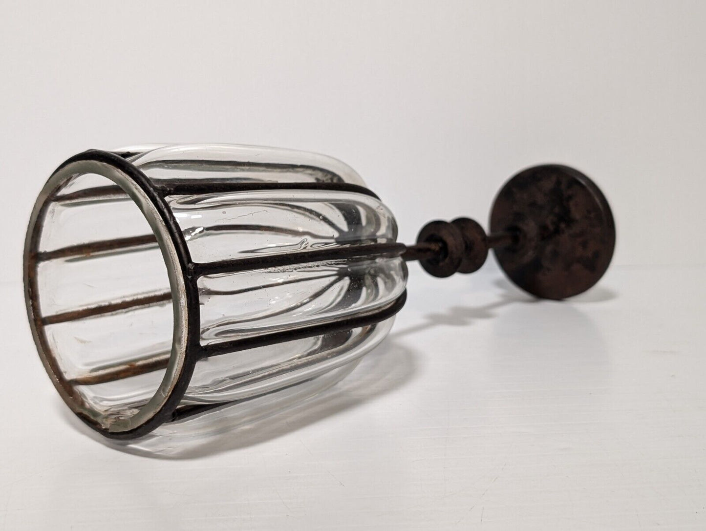 Vintage Cast Iron Candle Holder Blown Glass Cup, 12" Tall, 4" Diameter