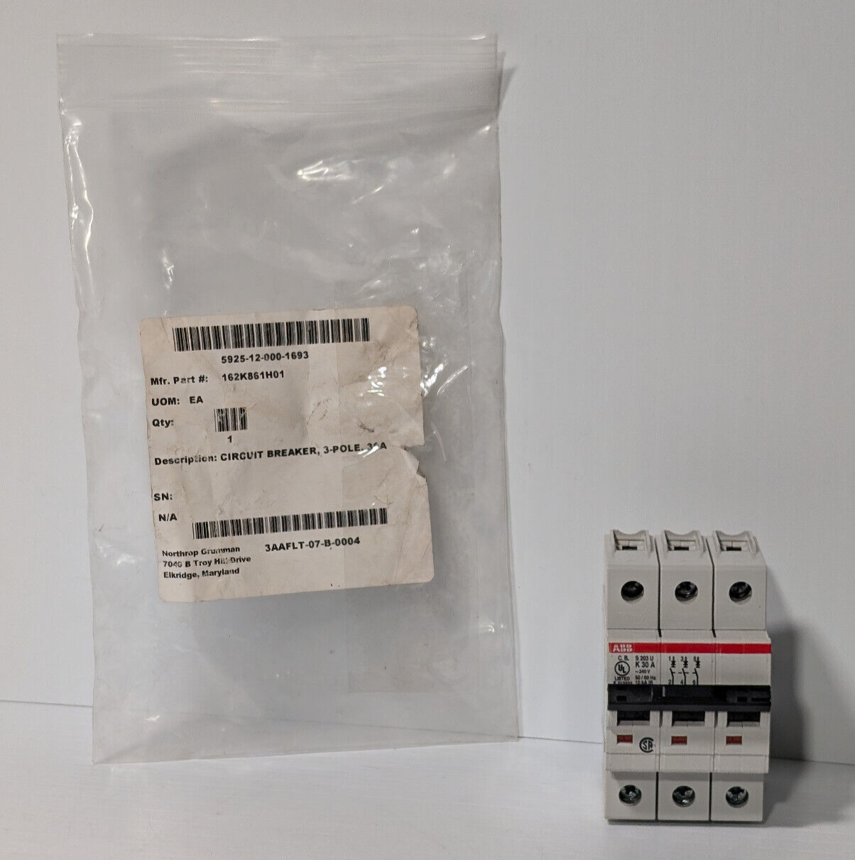 ABB S203U-K30 Circuit Breaker, 3-Pole, 30 A, 162K861H01, 240 VAC, 50/60 Hz