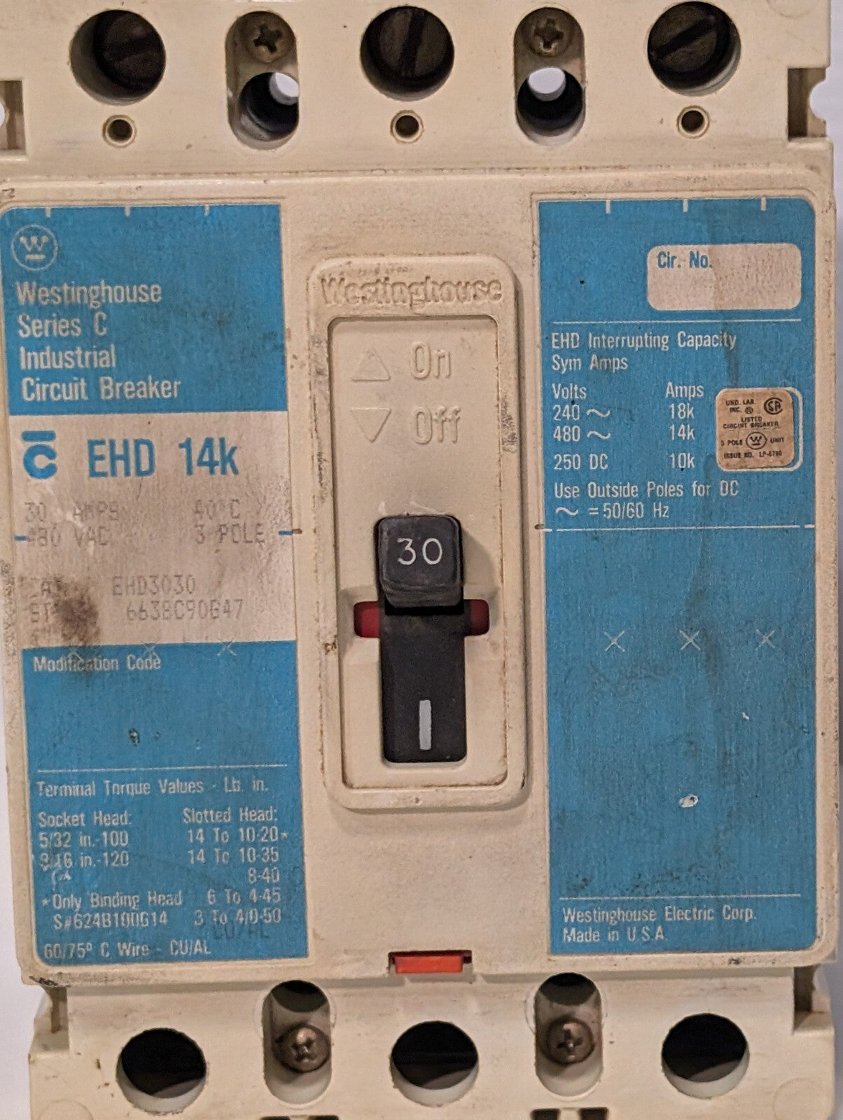 Westinghouse EHD3030 Industrial Circuit Breaker, 3 Pole, 30 Amp, 480vac, 14kA