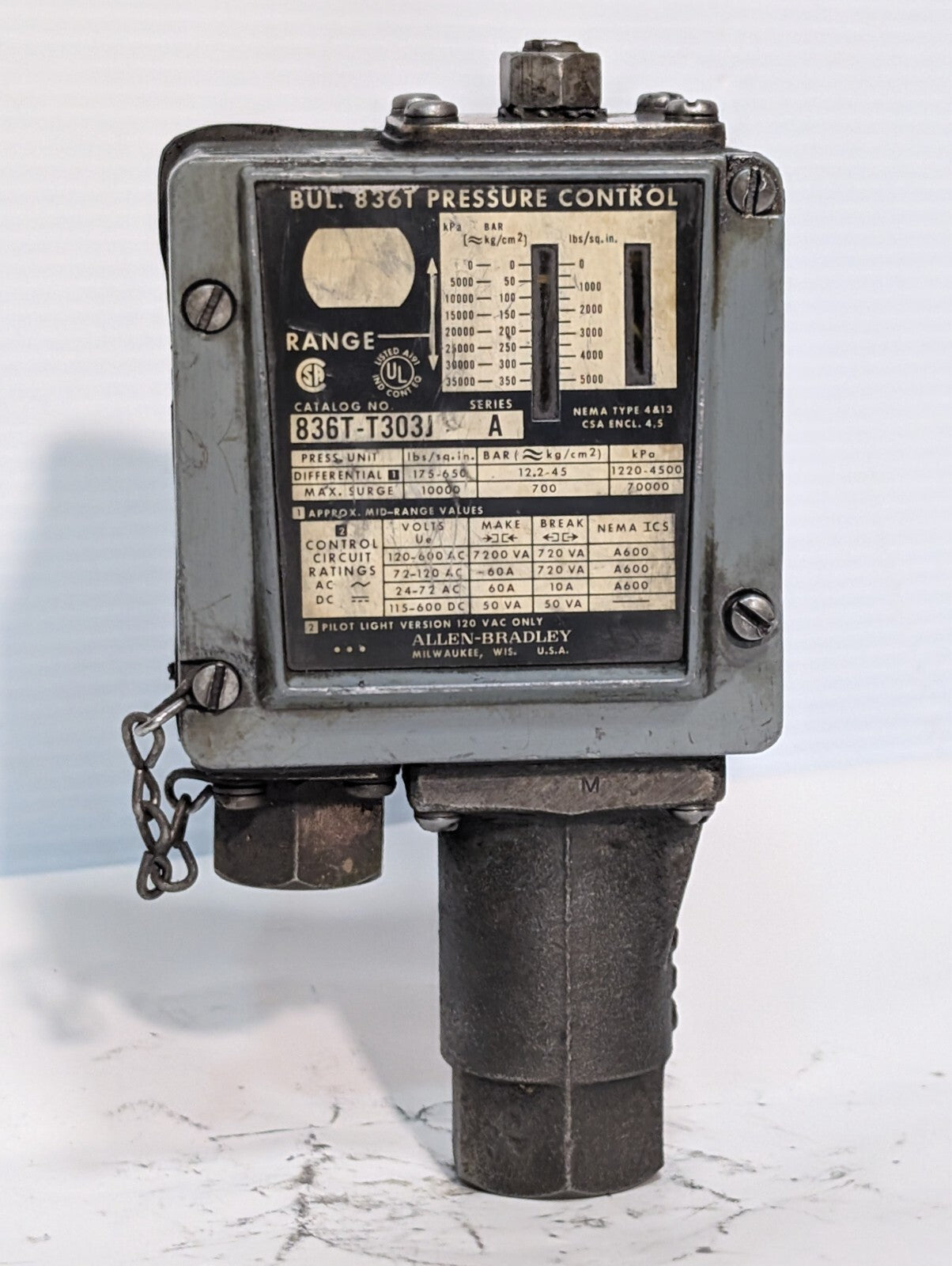 Allen Bradley 836T-T303J Series A Pressure Control Switch 175-650PSI Pilot Light