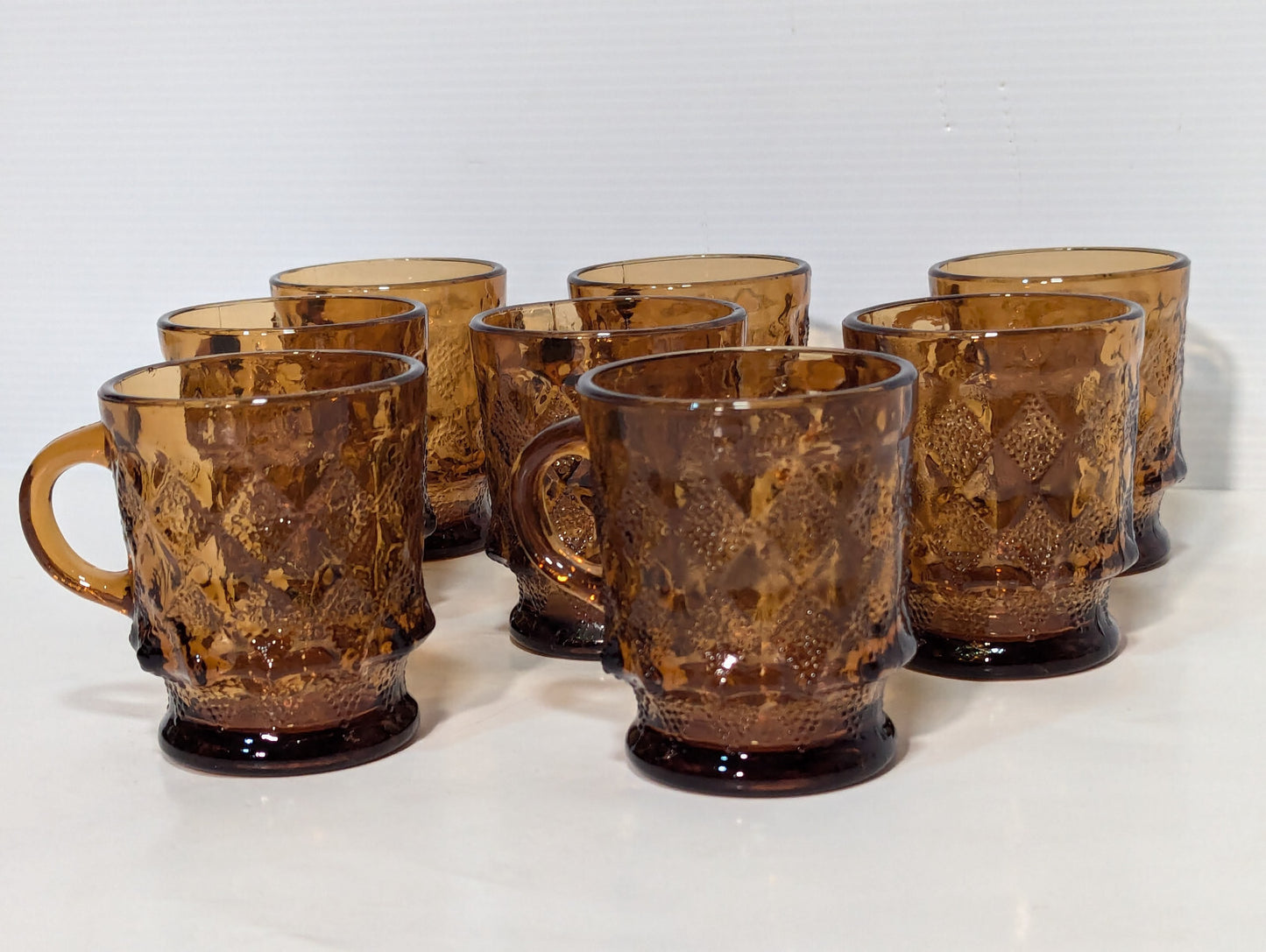 Vintage 8 Piece Anchor Hocking Amber Brown Glass Kimberly Diamond Cups Fire King