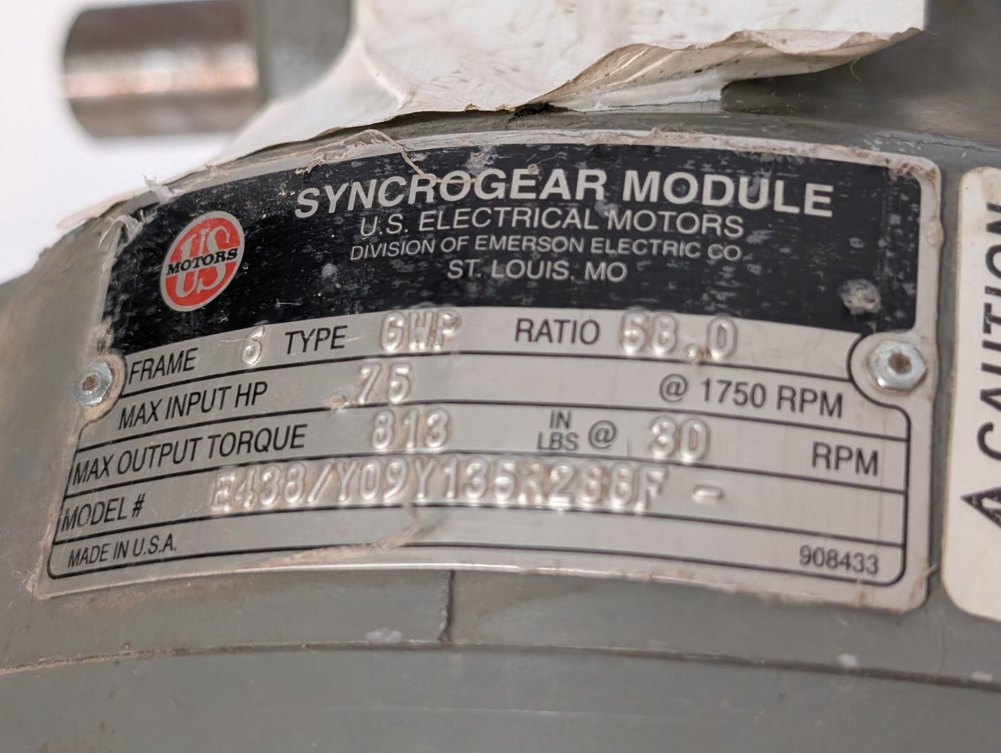US Motor E180A Gear Motor, Unimount 125, 0.50hp, 1745rpm, SF: 1.35, Frame: 56