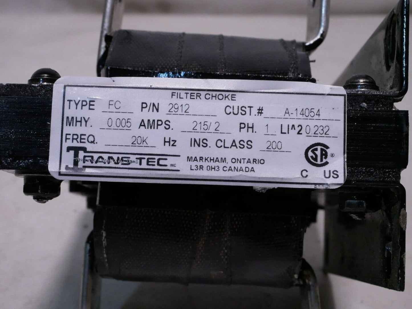 Trans-Tec 2912 filter choke, 0.005 MHY, 215/2 Amps, 1 phase, 20K Hz