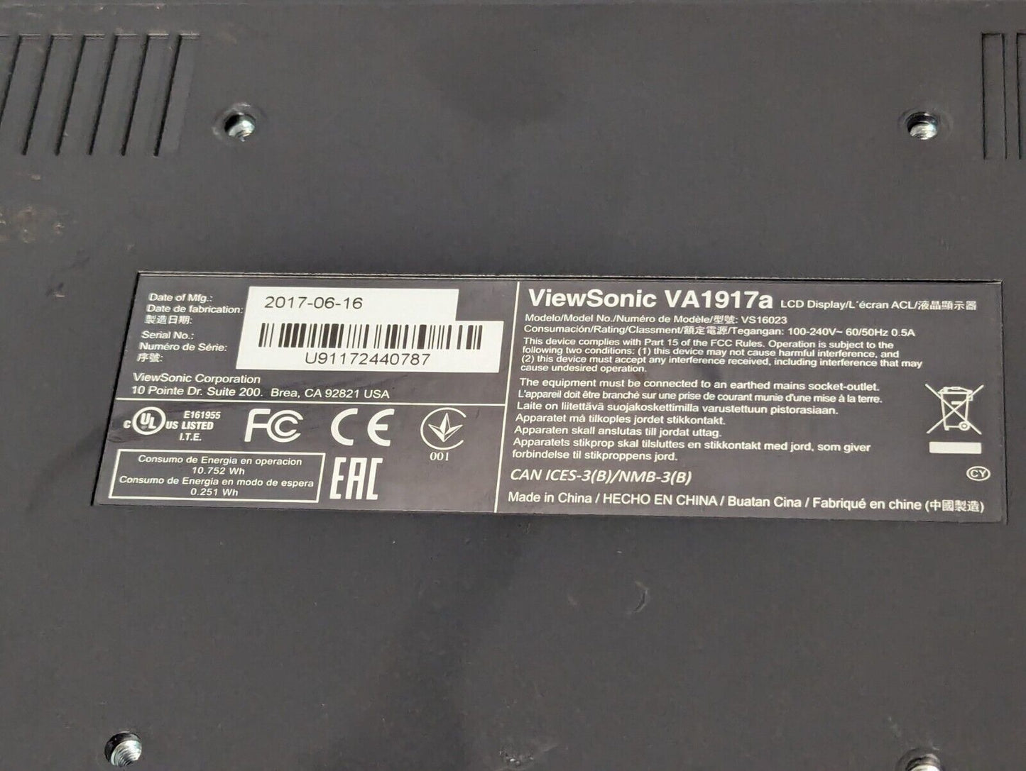 ViewSonic VA1917A Monitor, 2017, Mat Black, Working - Free Shipping