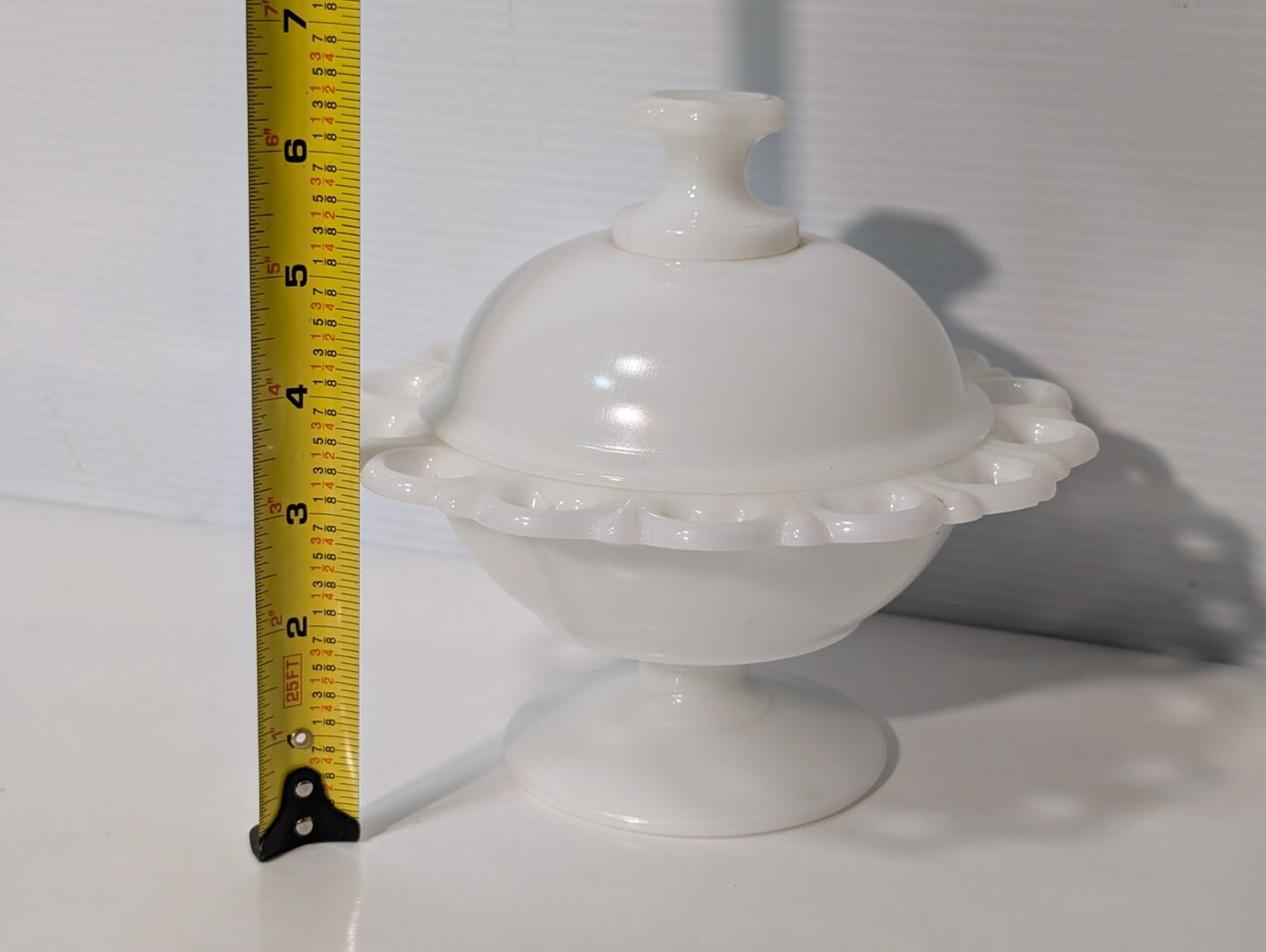 Vintage White Milk Glass Compote Lace Edged Pedestal Candy Dish with Lid, ID: 5"