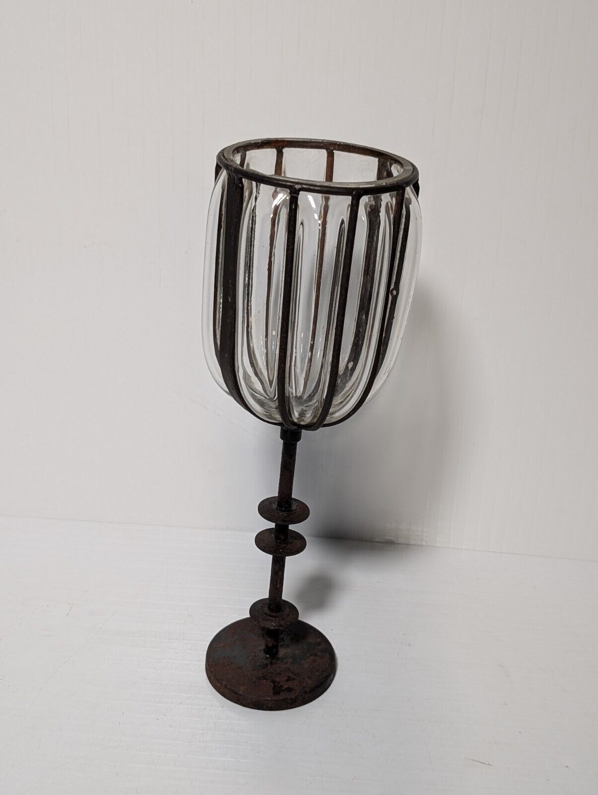 Vintage Cast Iron Candle Holder Blown Glass Cup, 12" Tall, 4" Diameter