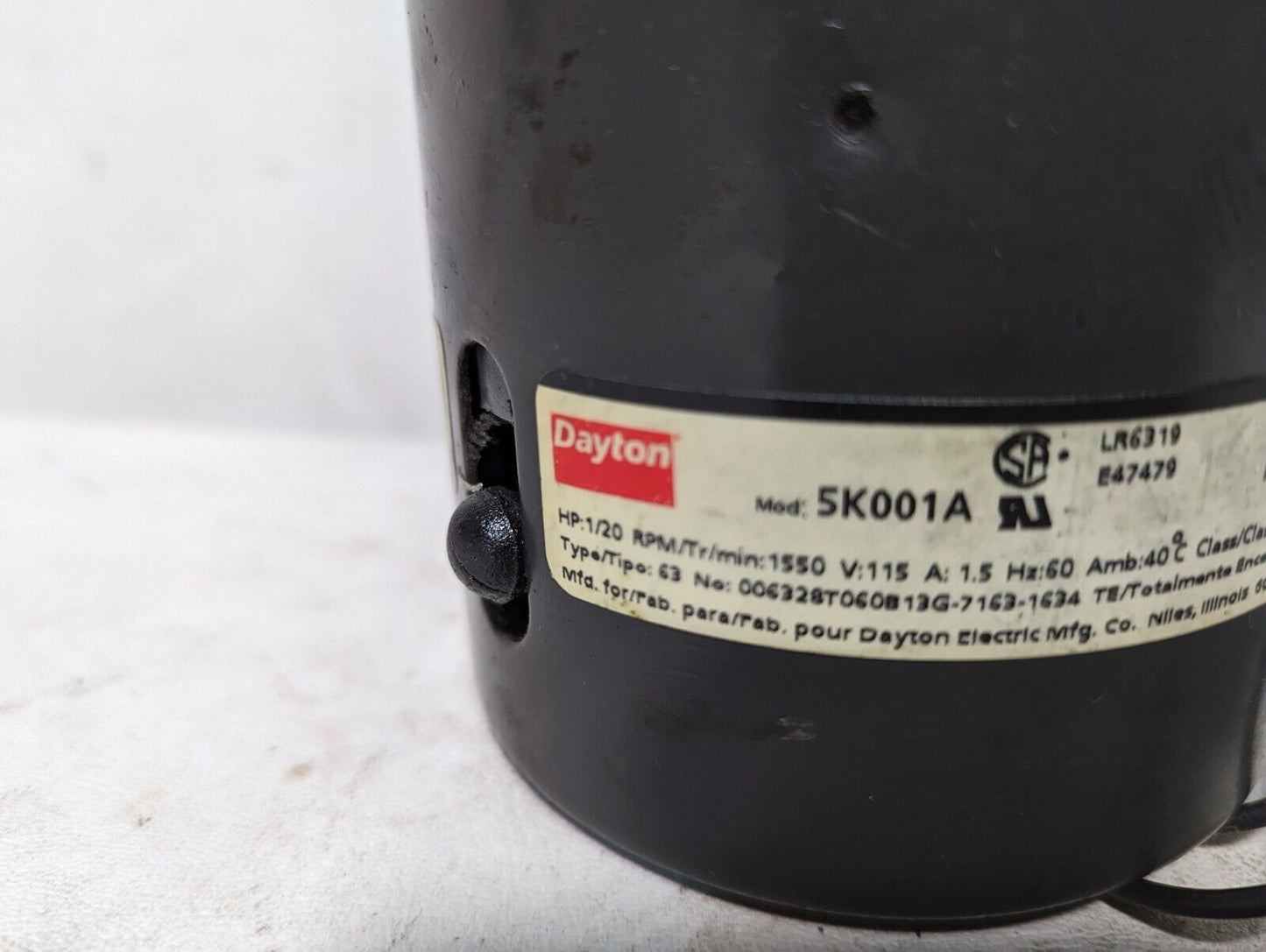 Dayton 5K001A motor, 1/20HP, 1550RPM, 115VAC, 1.5A