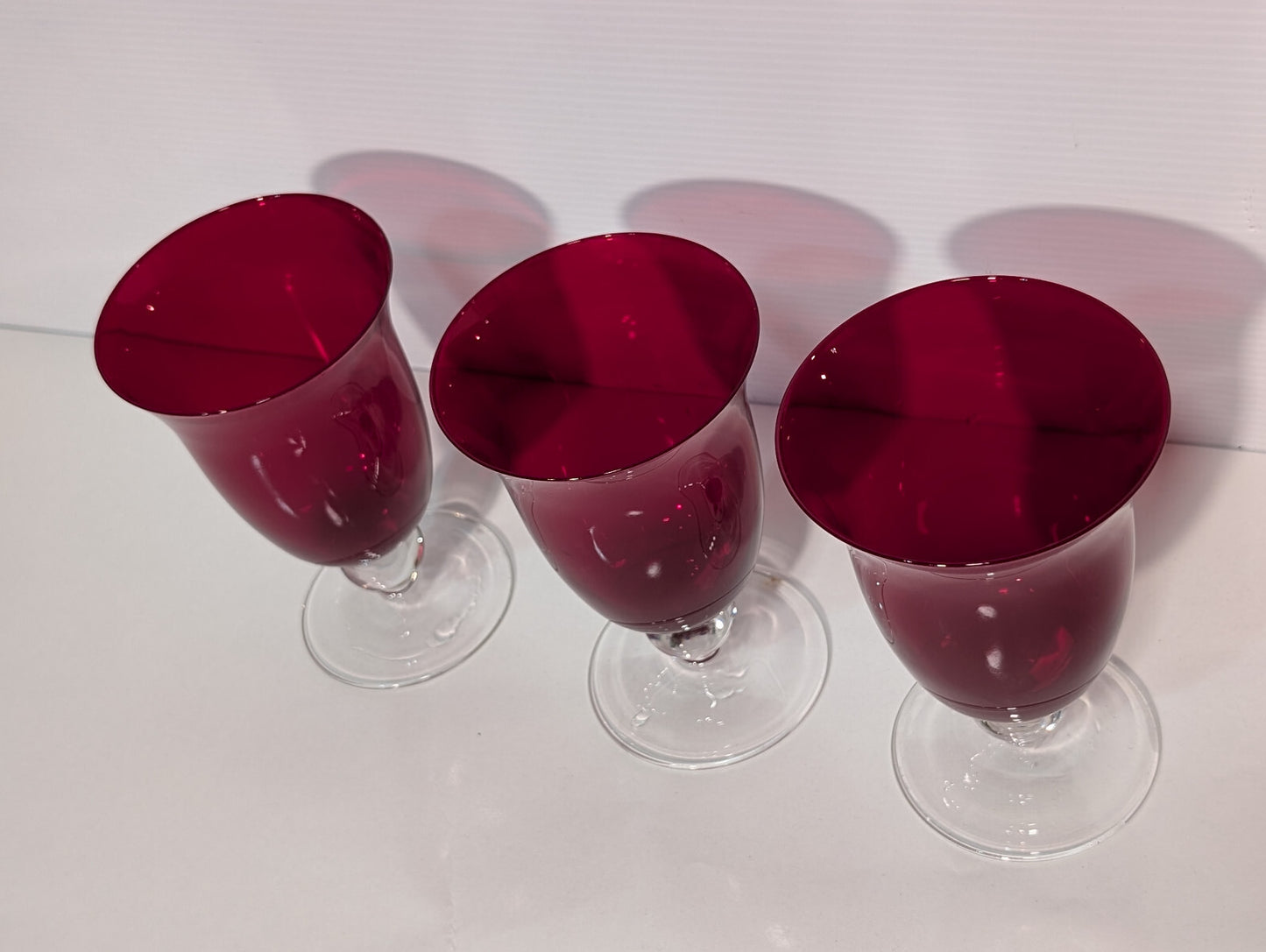 3 Vintage Ruby Red Goblets Fluted Clear Stem Tumblers Holiday Retro Celebration