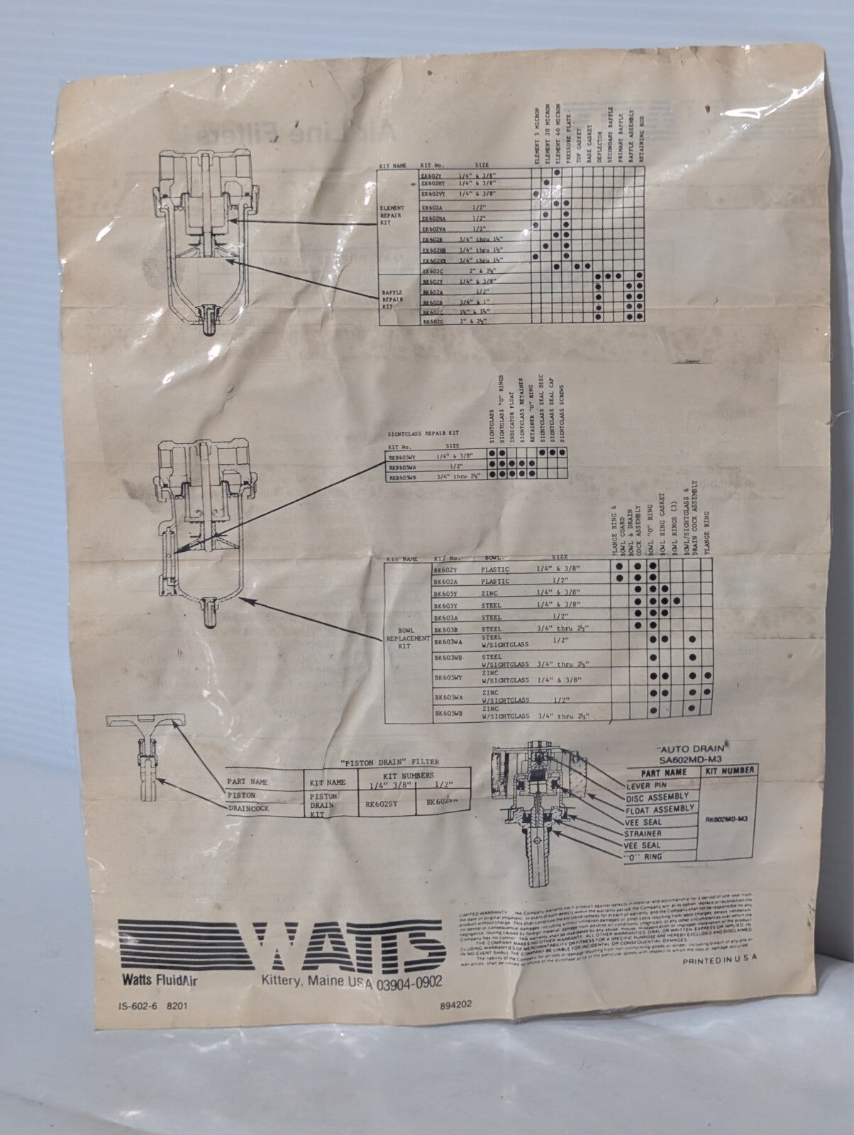 Watts Fluidair F602-034WJ M5 Pneumatic Filter, 250psi, 150º F Max Temp, 1/2"