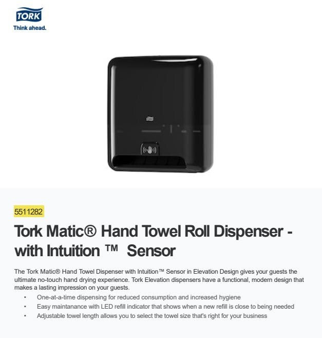 Tork Matic 55 11 282 Hand Towel Dispenser, Black, Touch-Free / Sensor Operated