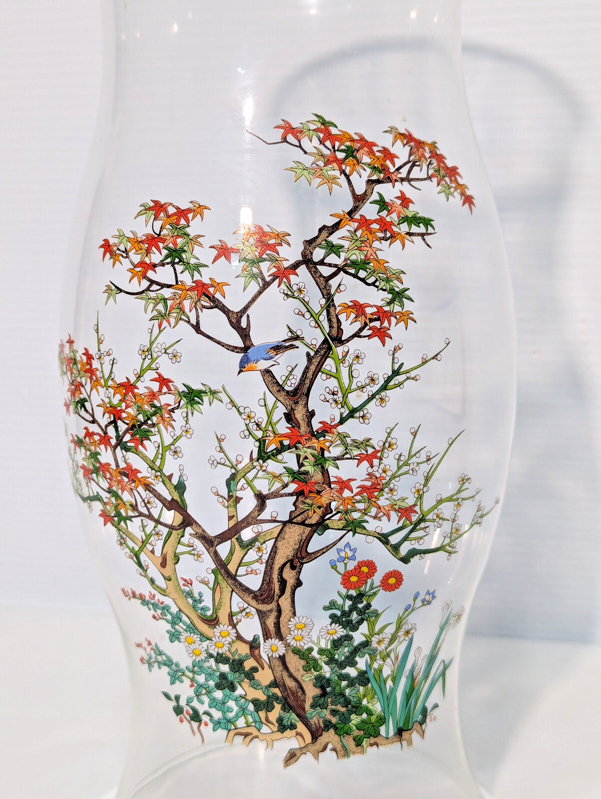 Vintage Hurricane Lamp Glass, Candle Cover, Chimney, Centerpiece, Bird, Foliage