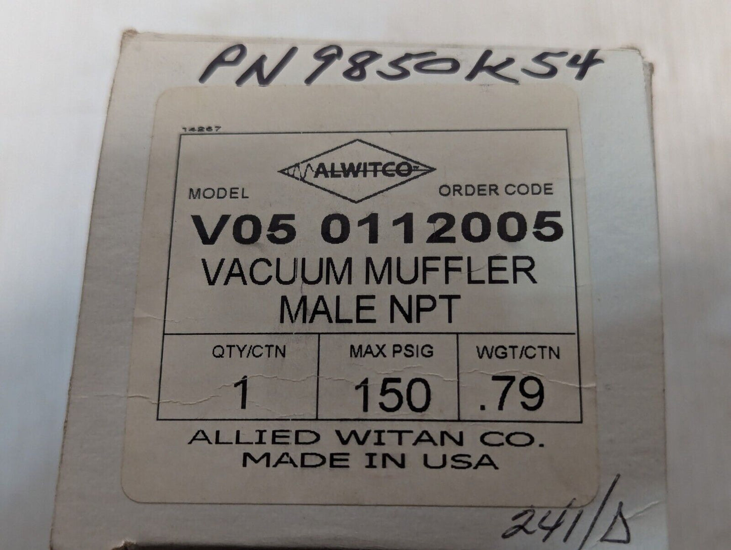 ALWITCO Vacuum Muffler Male NPT, PN 9850K54, V05 0112005 - Free Shipping