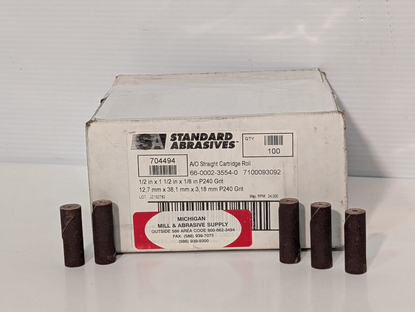 Standard Abrasives #704494 Straight Cartridge Roll P240 Grit, 1/2"x1-1/2"x1/8"