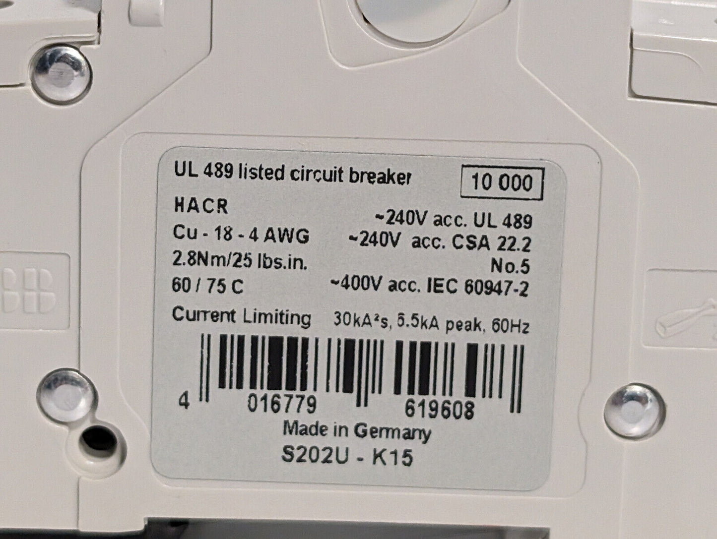 ABB S202U-K15 Circuit Breaker, 2-Pole, 240 VAC, 15 A, E212323, 50/60 Hz
