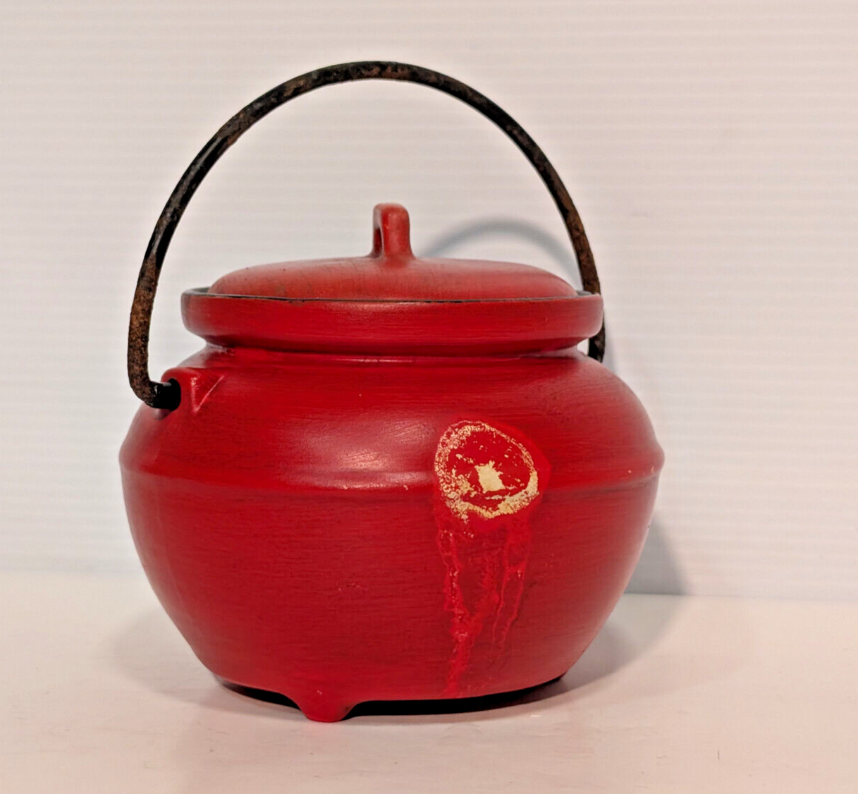 Vintage Mid Century Calif USA 702 Red Bean Pot Jar Black Metal Handle Kettle