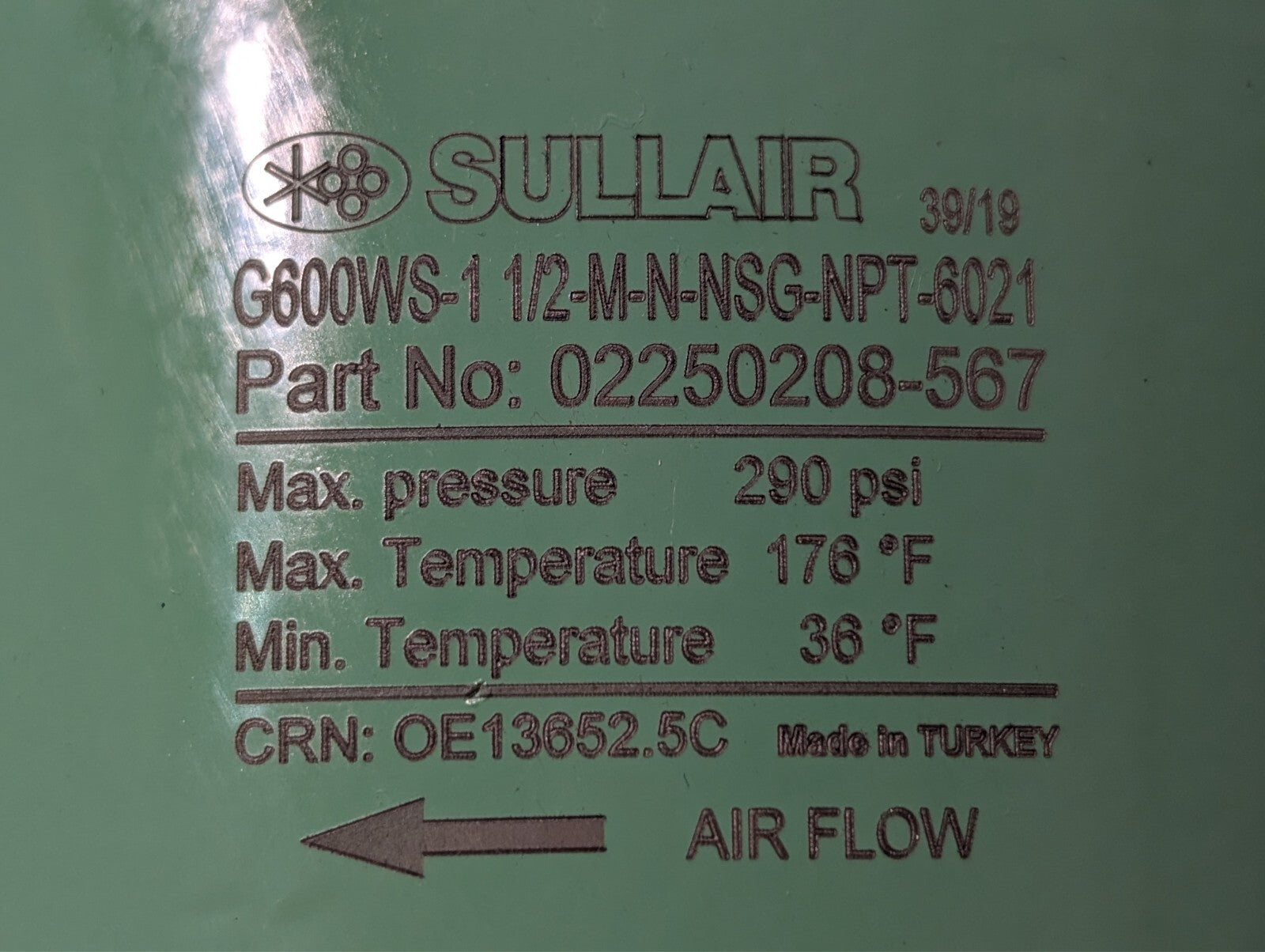 Sullair 02250208-567 Water Separator, 290PSI G600WS-1 1/2-M-N-NSG-NPT-6021