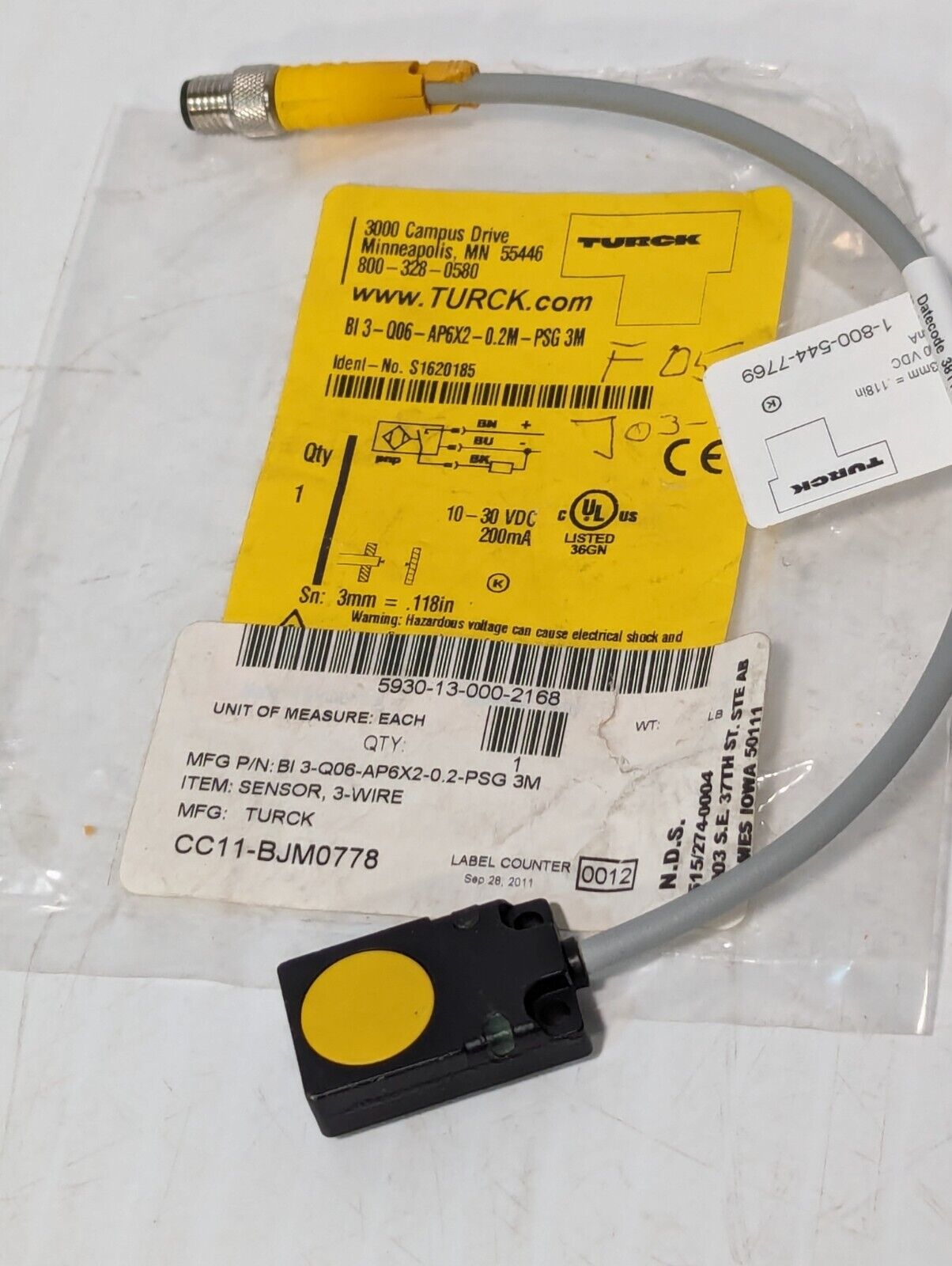 Turck BI3-Q06-AP6X2-0.2M-PSG 3M Sensor 3 Wire - Free Shipping