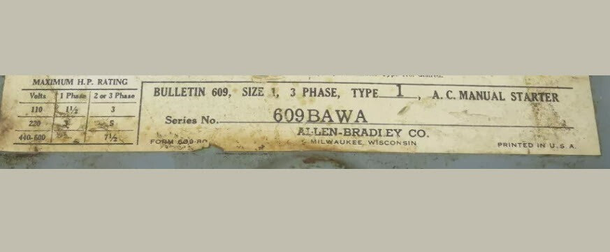 Allen Bradley 609-BAWA AC Manual Starting Switch, 3-Phase, Size 1, Type 1