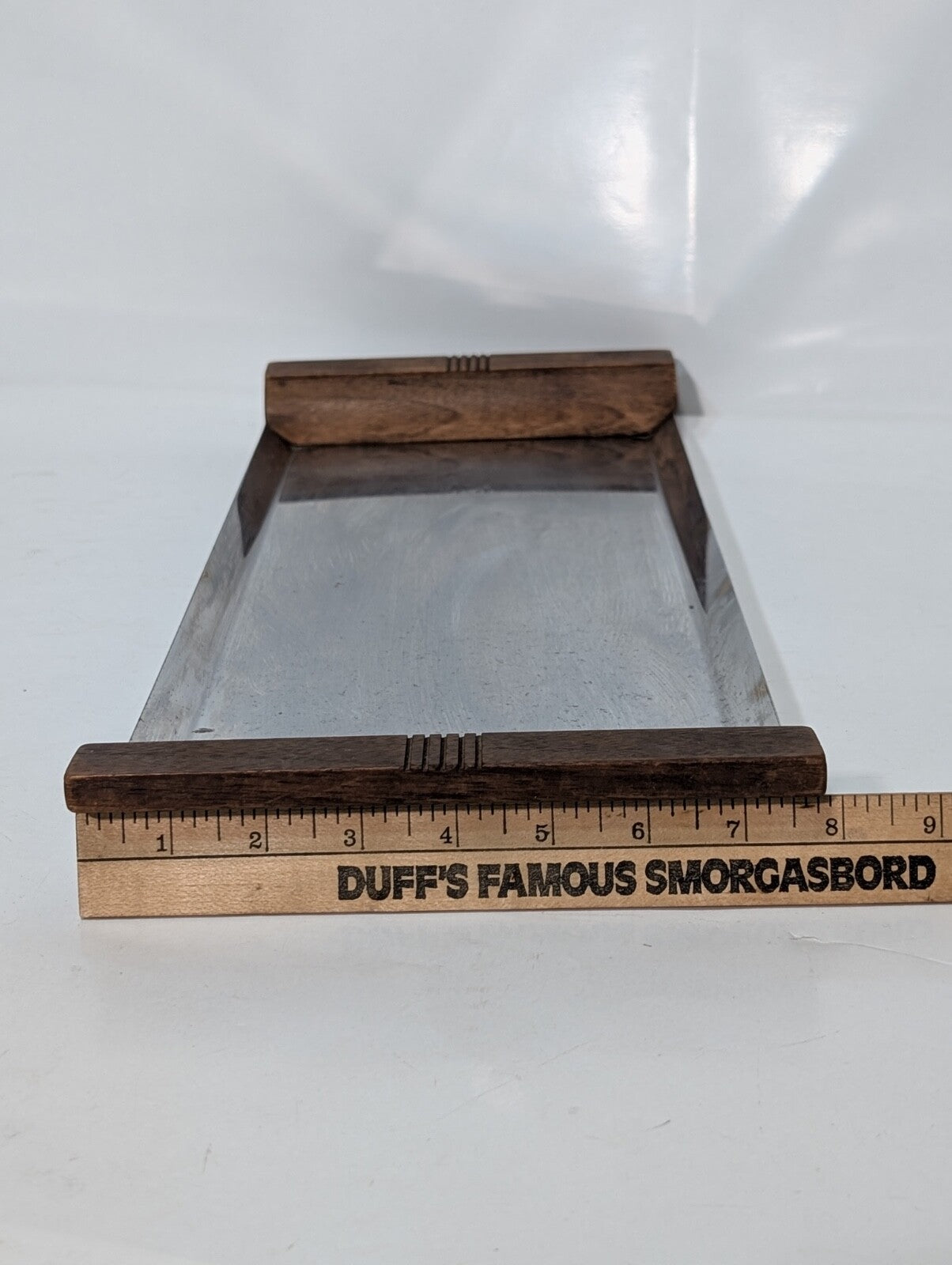 Vintage MCM Stainless Steel Serving Tray with Wooden Handles, 7-3/4" x 19"