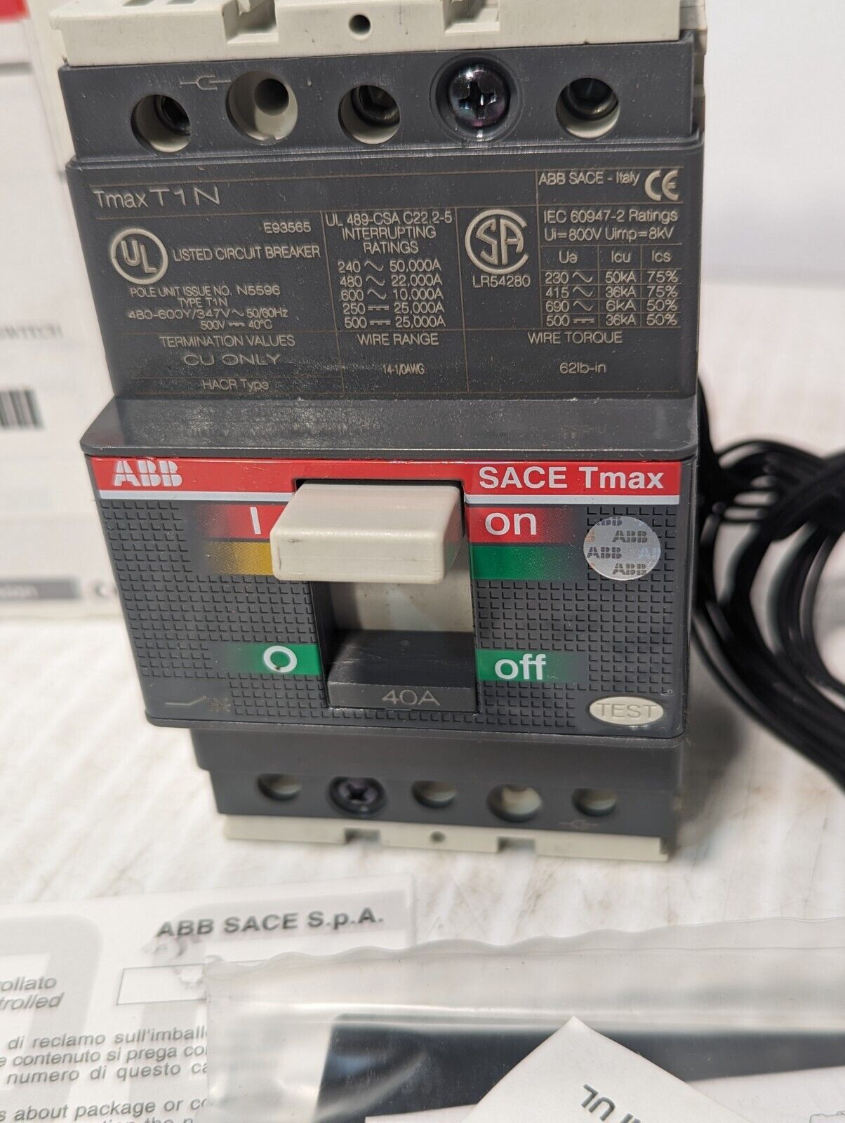 ABB T1N040TL SACE Tmax Circuit Breaker, 40A, 3Pole, 480 VAC - Free Shipping