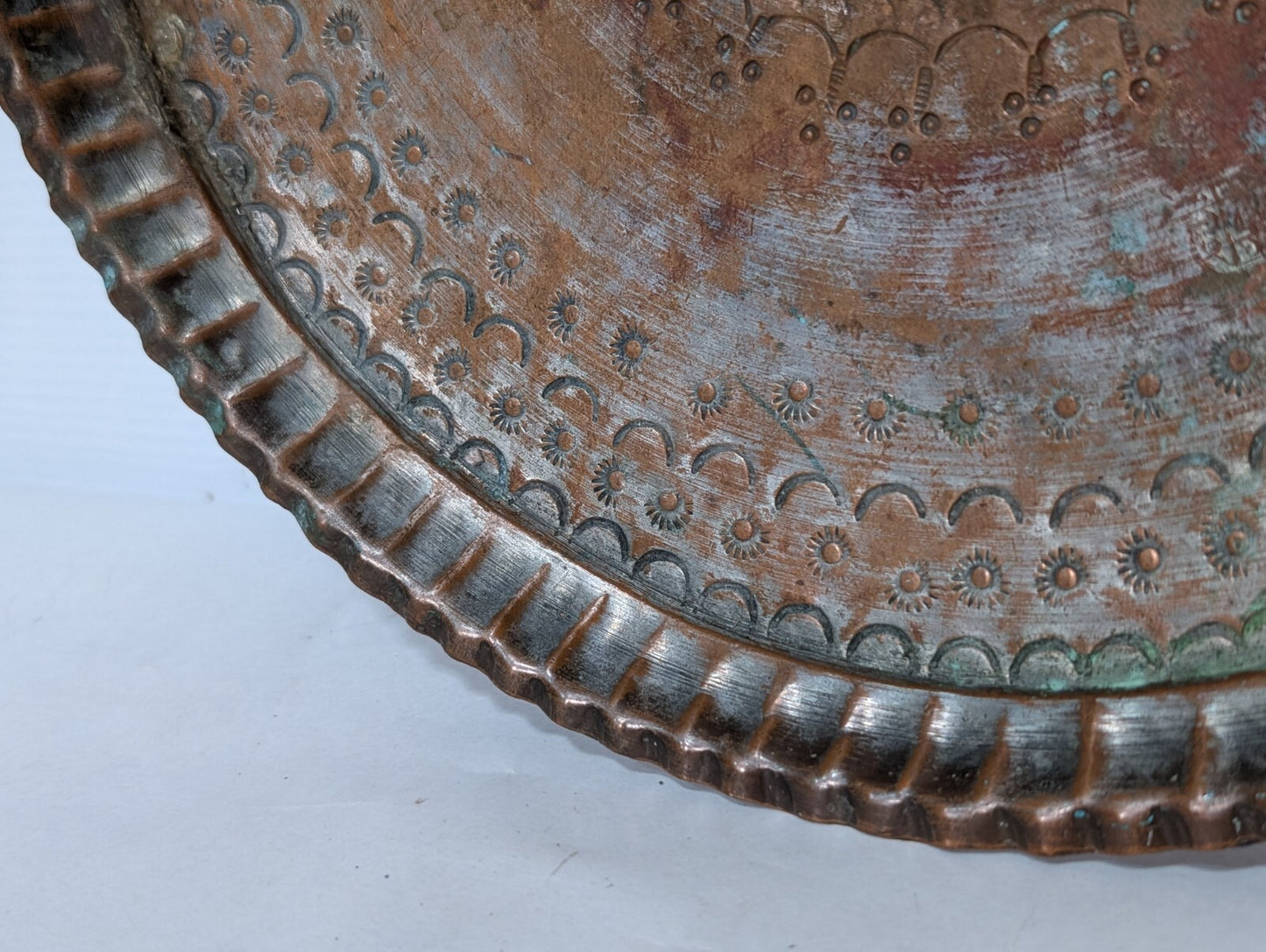 Vintage Hammered + Etched Copper Tray, Possibly Persian or Syrian, 13" Diameter