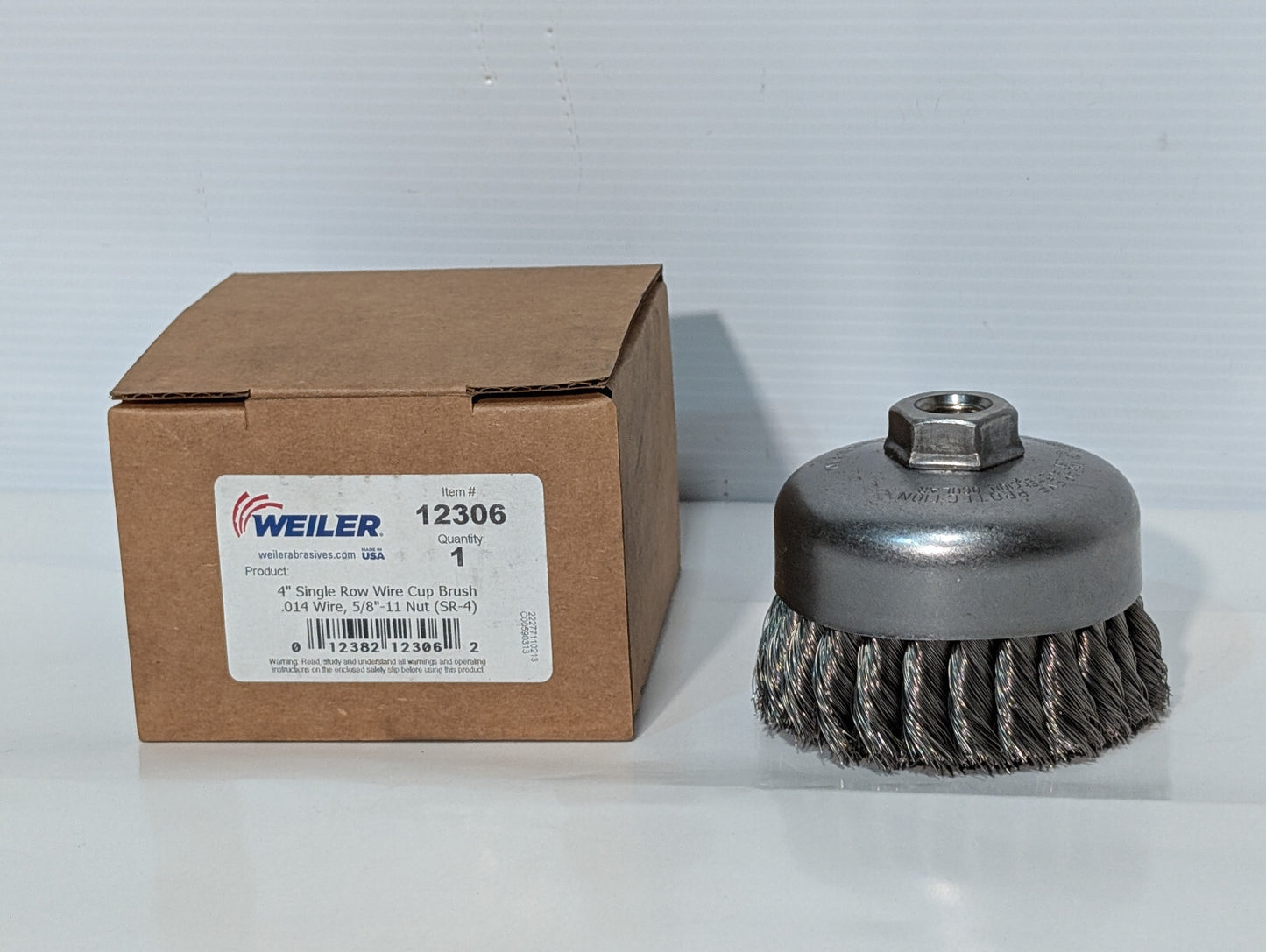 Weiler 12306 Single Row Wire Cup Brush, 4", .014 Wire, 5/8"-11 Nut, 10,200 RPM