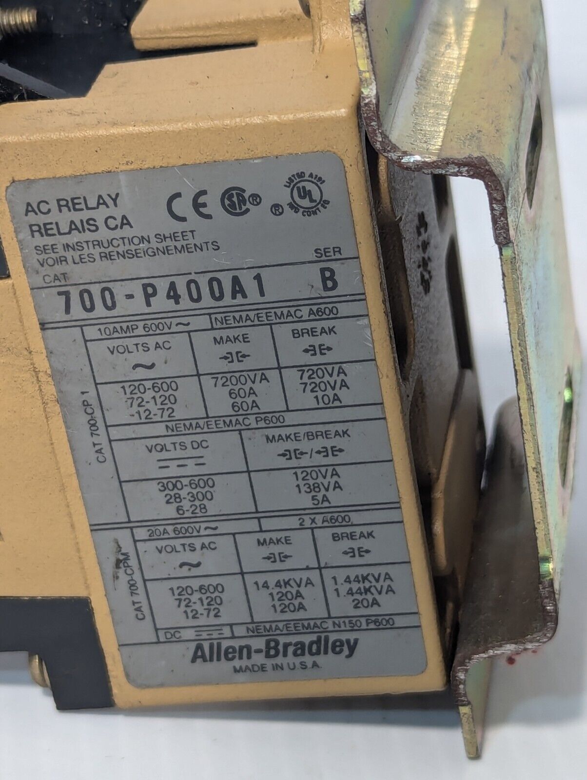 Allen Bradley 700-P400A1 AC Control Relay, 10A @ 600VAC - Free Shipping