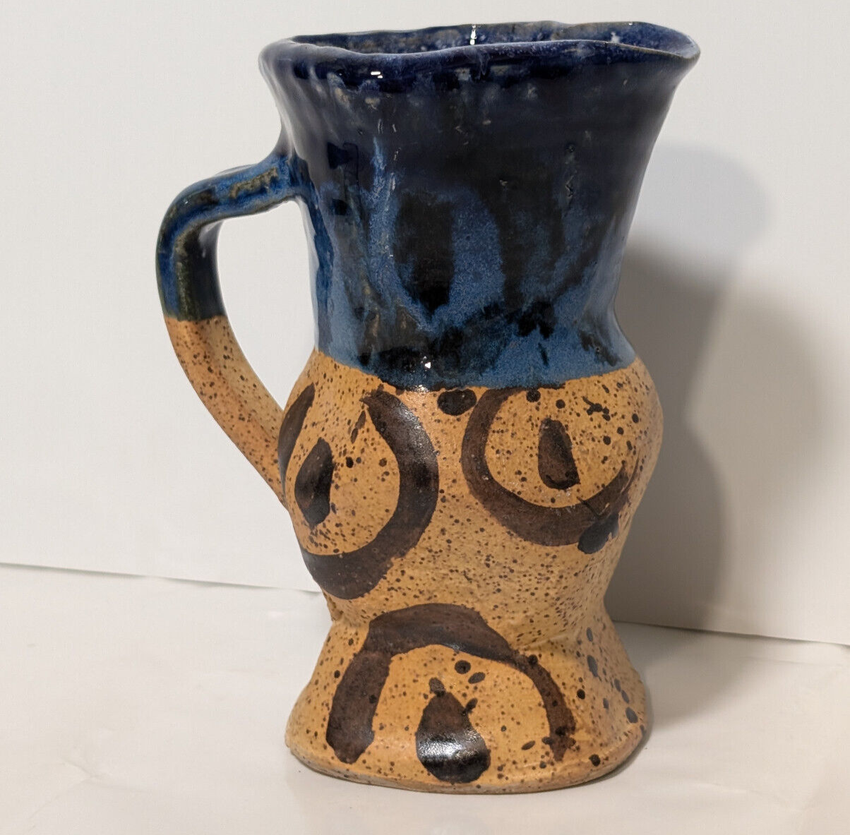 Vintage Blue Brown Glaze Artisan, Folk Art, Handmade, Pottery Mug, Vase, Planter