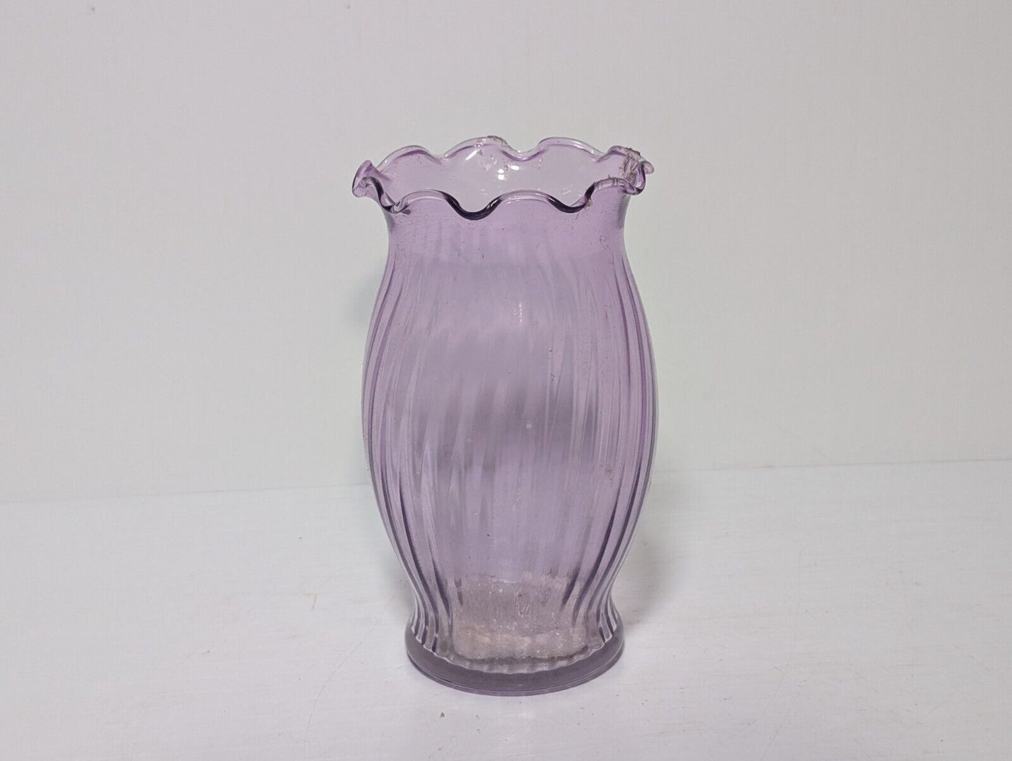 Vintage Lilac Spiral Pattern Scalloped Edge Translucent Vase, 6.5”H x 3.5"Dia.
