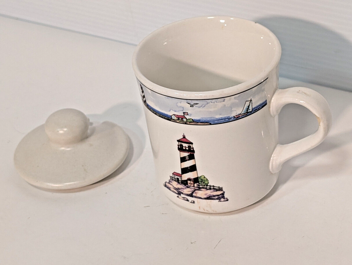 Vintage Lighthouse Maritime Sailboats Ceramic Stonewear Lidded Tea Coffee Mug